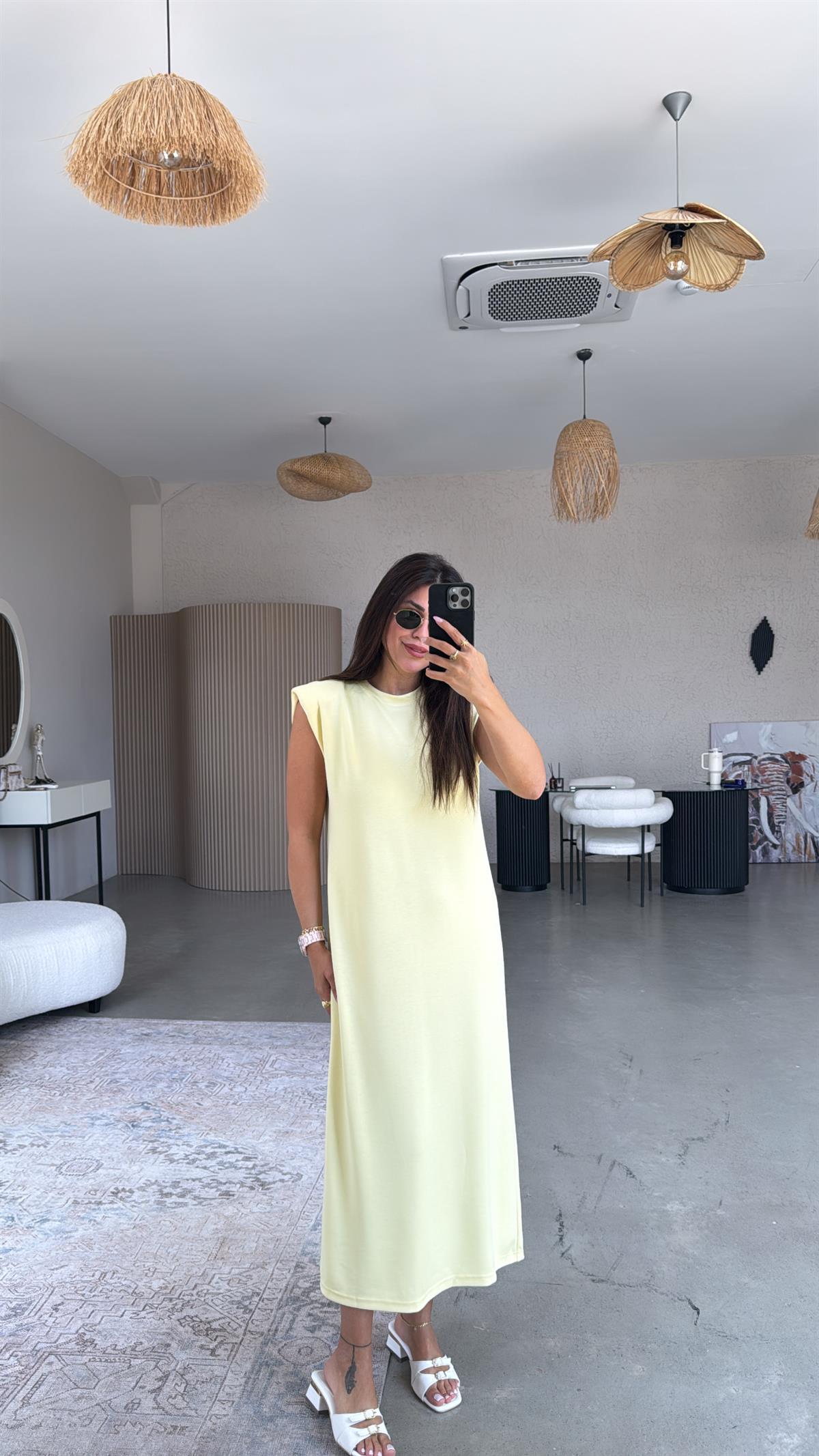 Sarı Vatkalı Modal Elbise