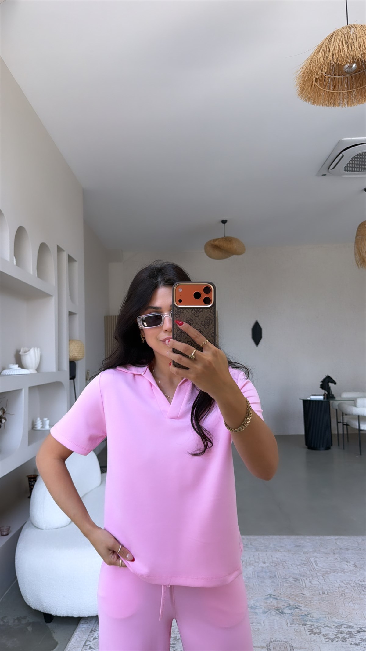 Şeker Pembe Basic Modal Kumaş Yakalı Bol Paça Takım