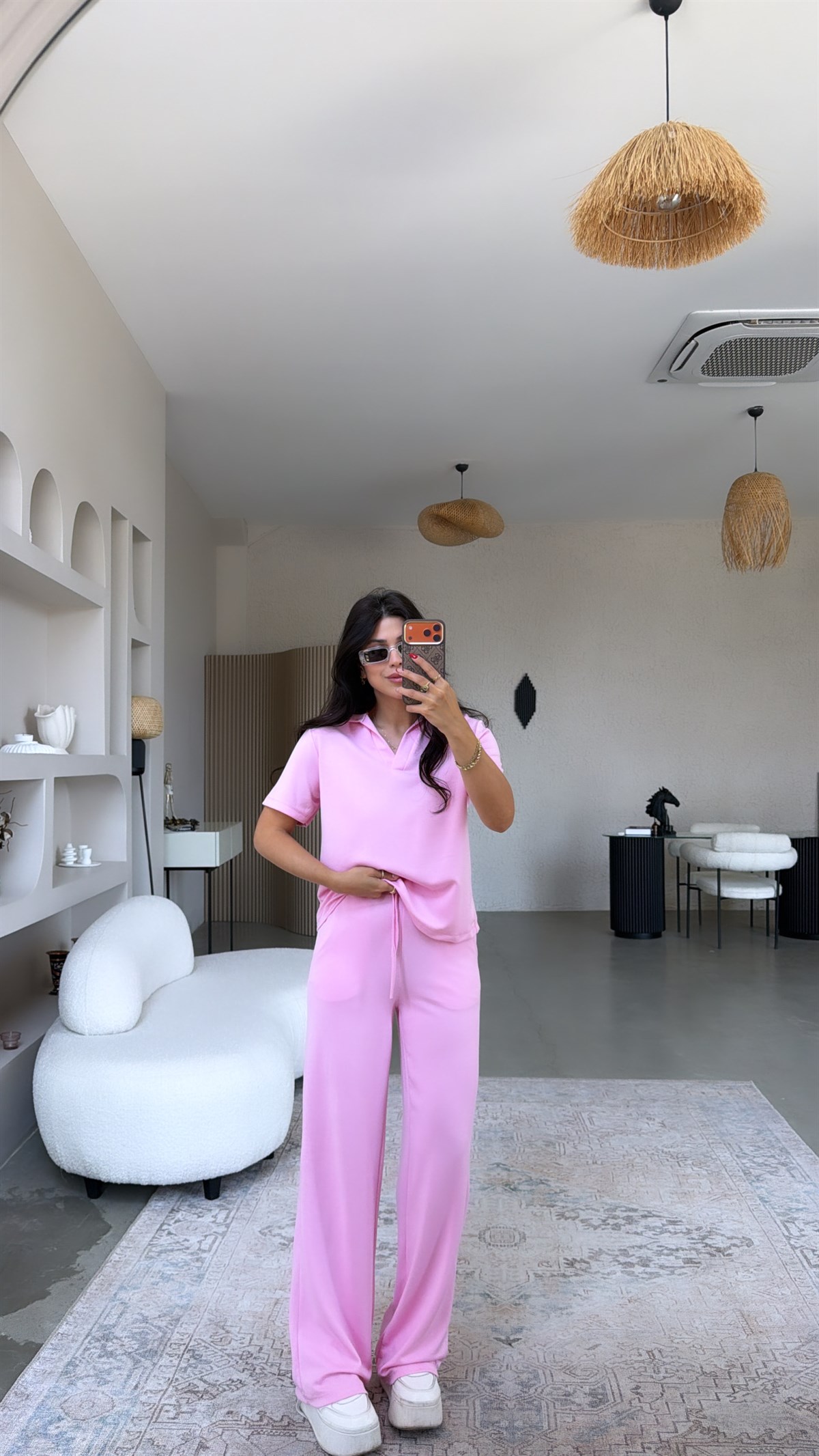 Şeker Pembe Basic Modal Kumaş Yakalı Bol Paça Takım