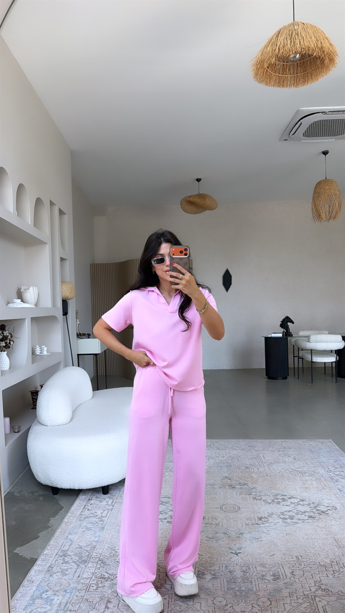 Şeker Pembe Basic Modal Kumaş Yakalı Bol Paça Takım