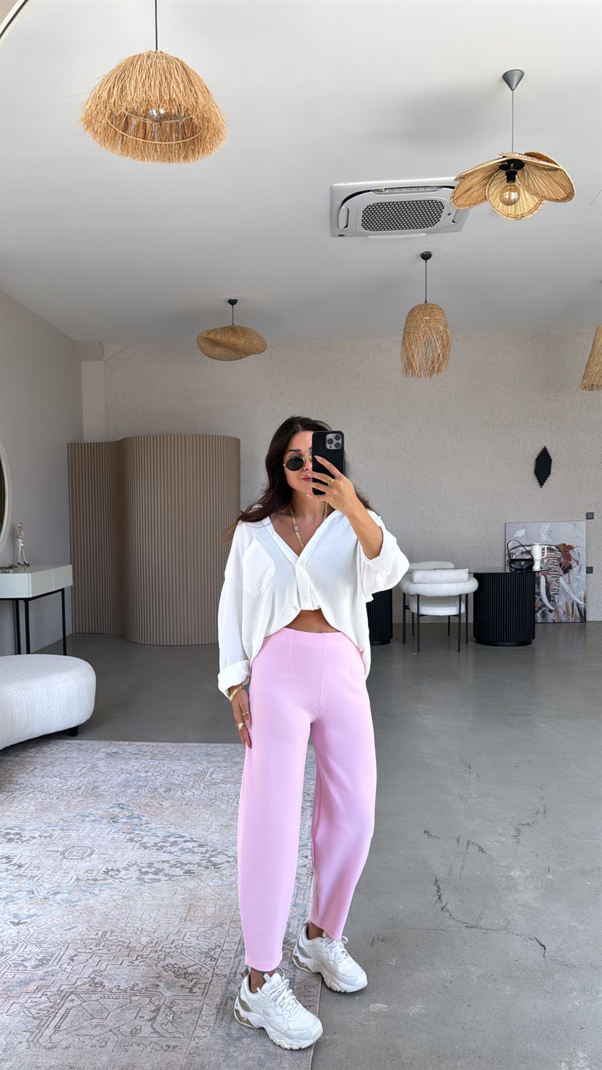 Şeker Pembe Beli Lastikli Balon Kumaş Pantolon