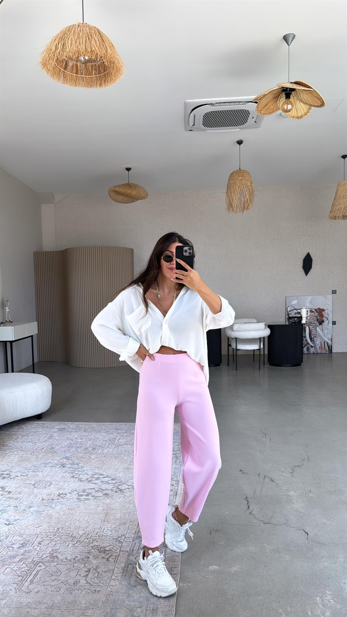 Şeker Pembe Beli Lastikli Balon Kumaş Pantolon