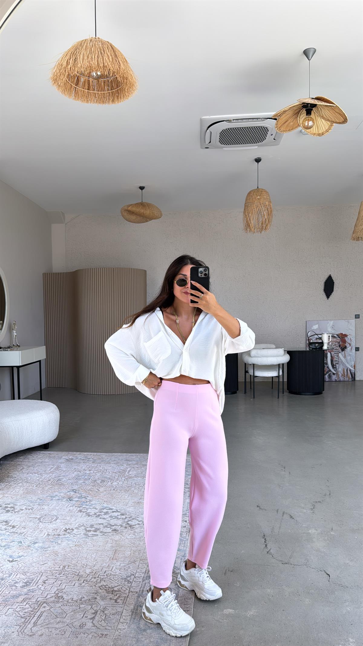 Şeker Pembe Beli Lastikli Balon Kumaş Pantolon