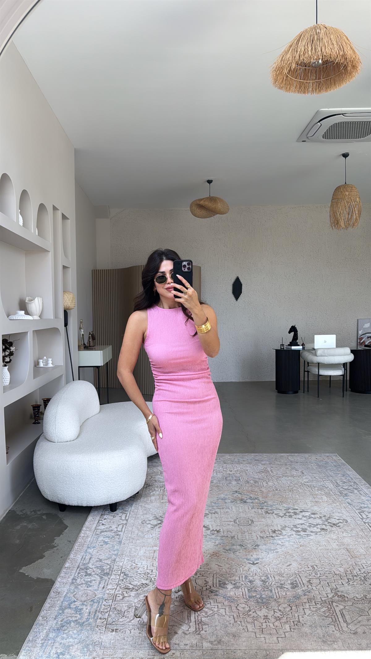 Şeker Pembe Bürümcük ZR Model Büzgü Detay Elbise