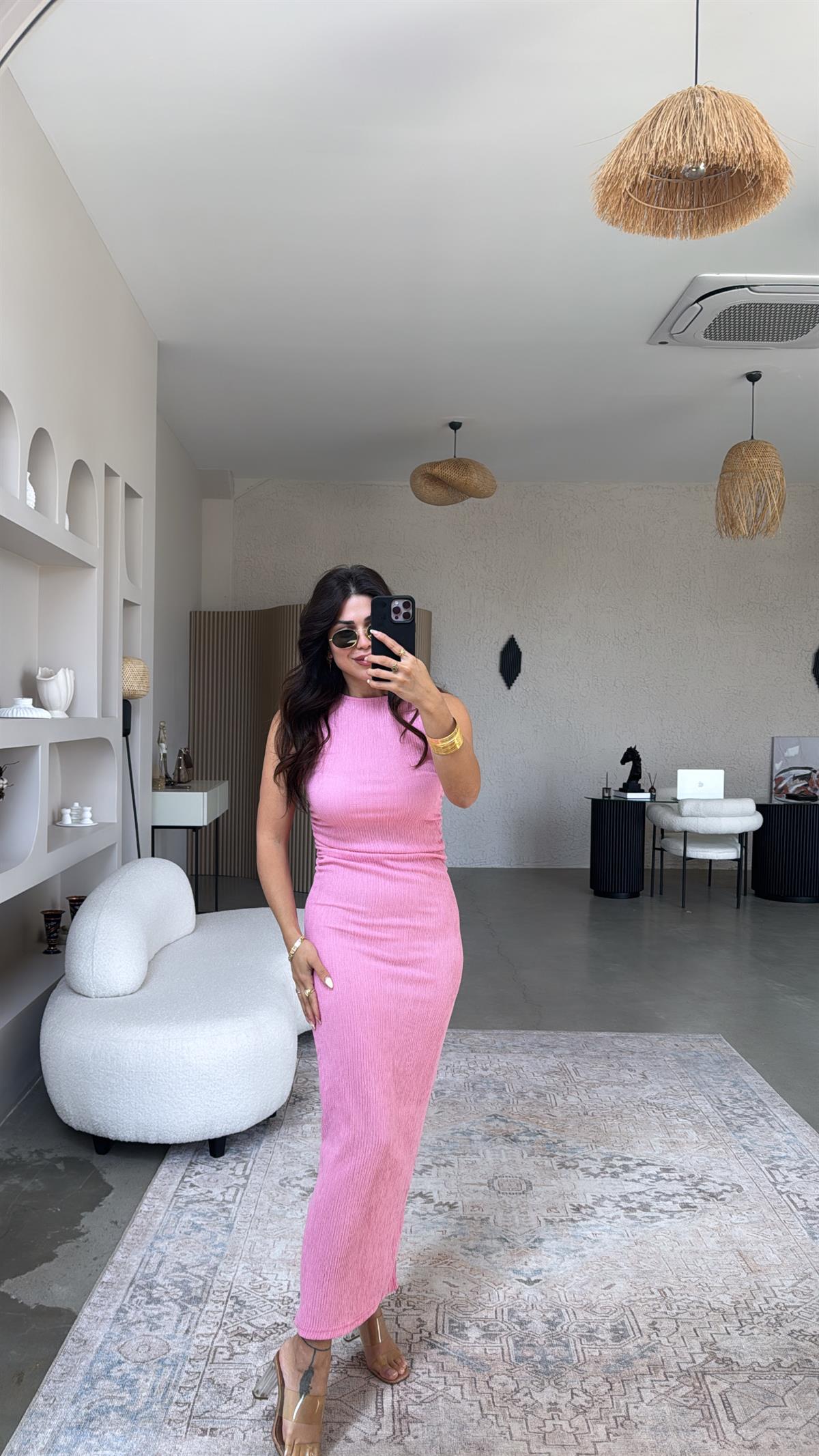 Şeker Pembe Bürümcük ZR Model Büzgü Detay Elbise