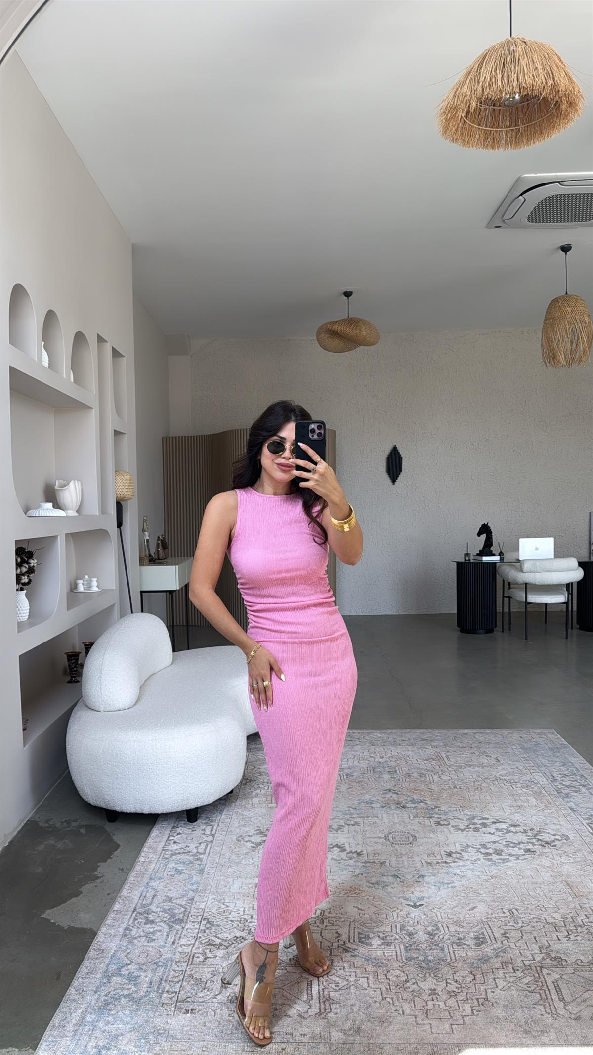 Şeker Pembe Bürümcük ZR Model Büzgü Detay Elbise