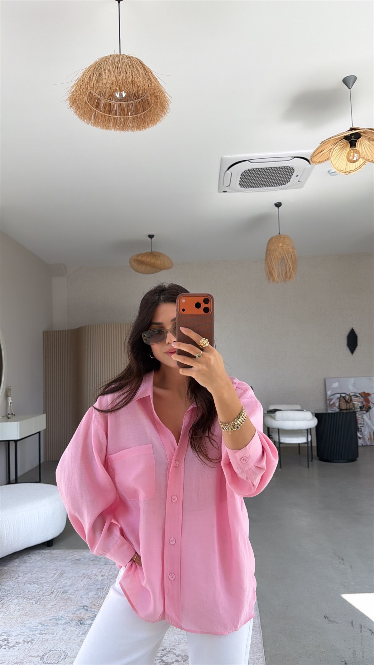 Şeker Pembe İpek Dökümlü Gömlek