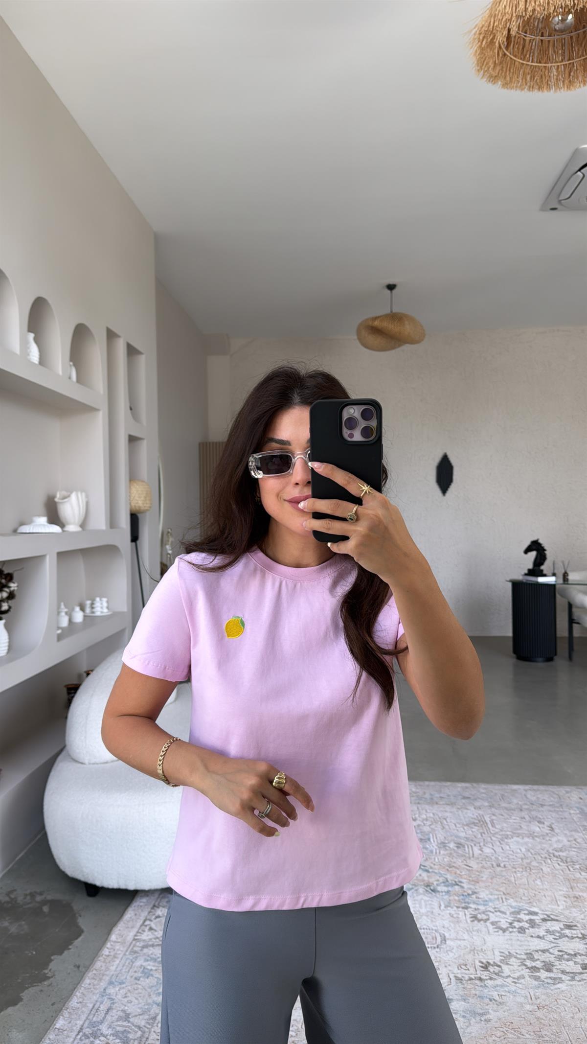 Şeker Pembe Limon Nakışlı Tshirt