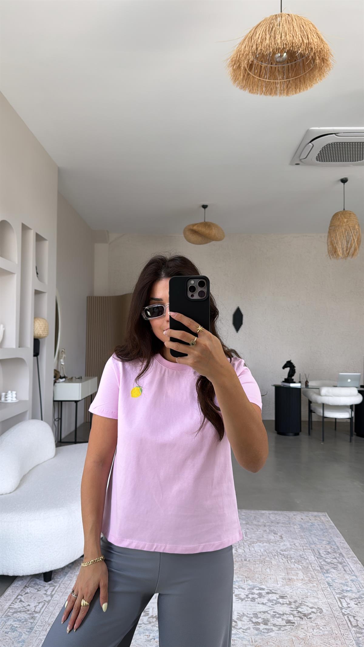 Şeker Pembe Limon Nakışlı Tshirt