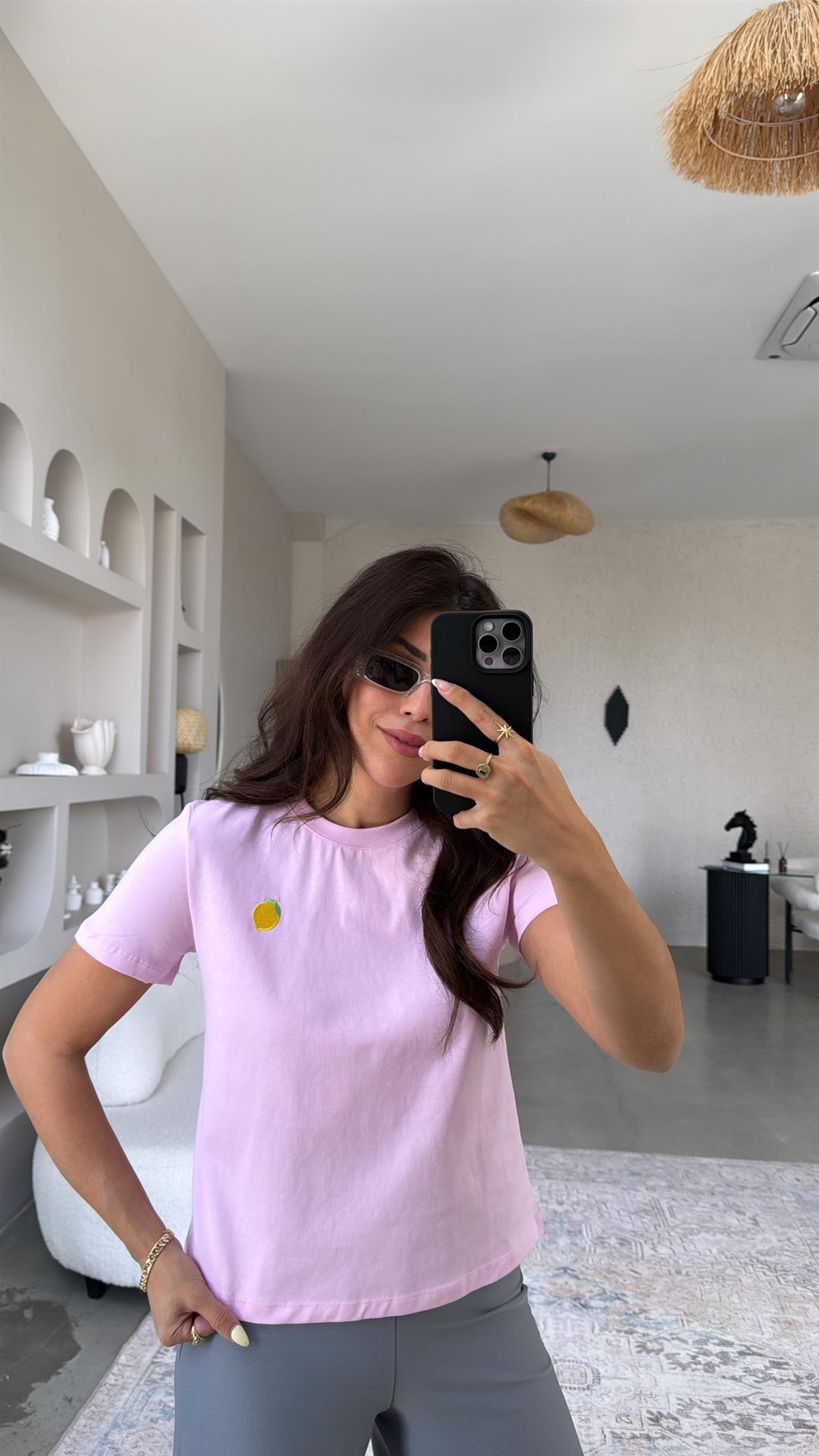 Şeker Pembe Limon Nakışlı Tshirt