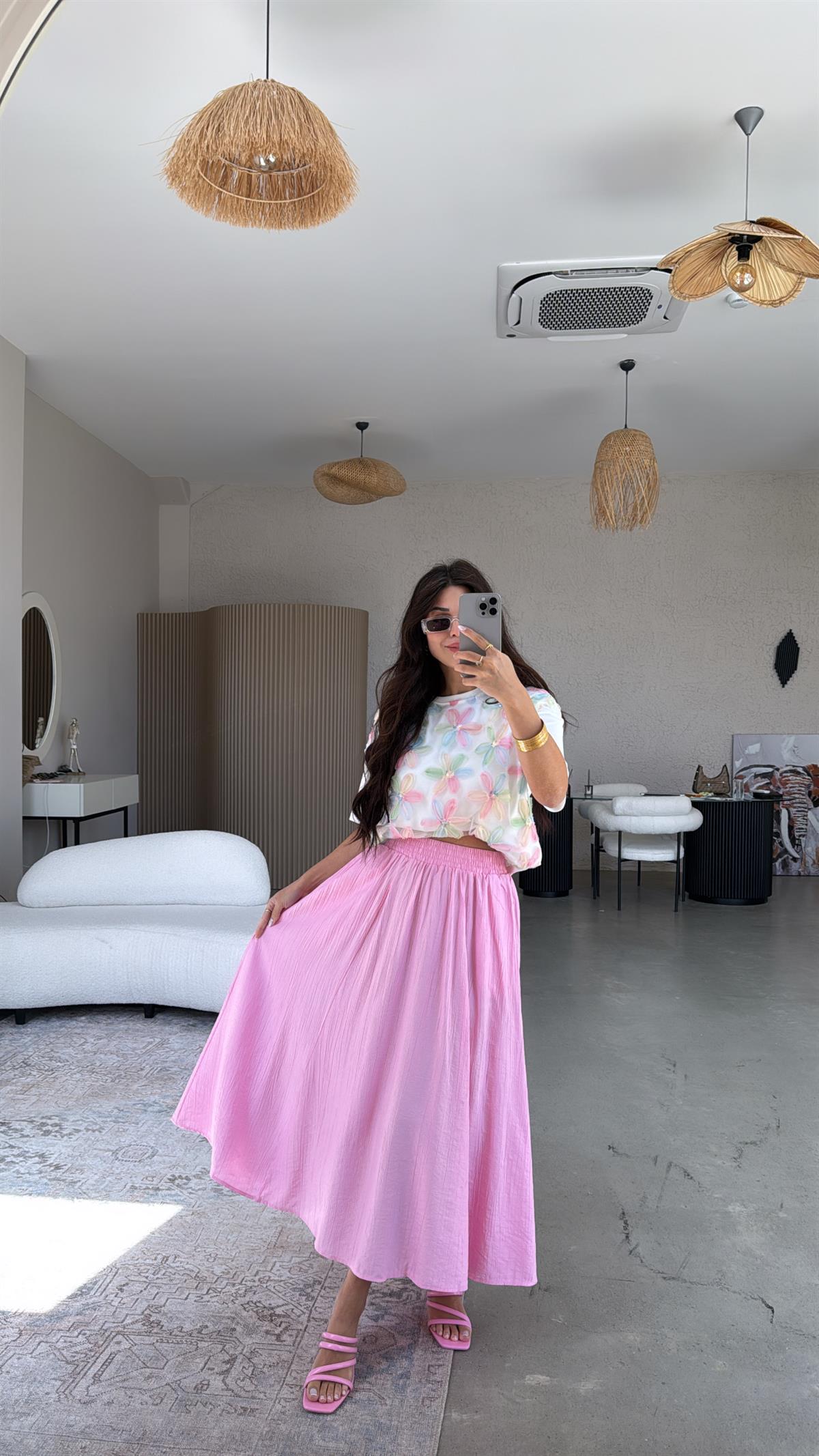 Şeker Pembe Midi Çilek Etek