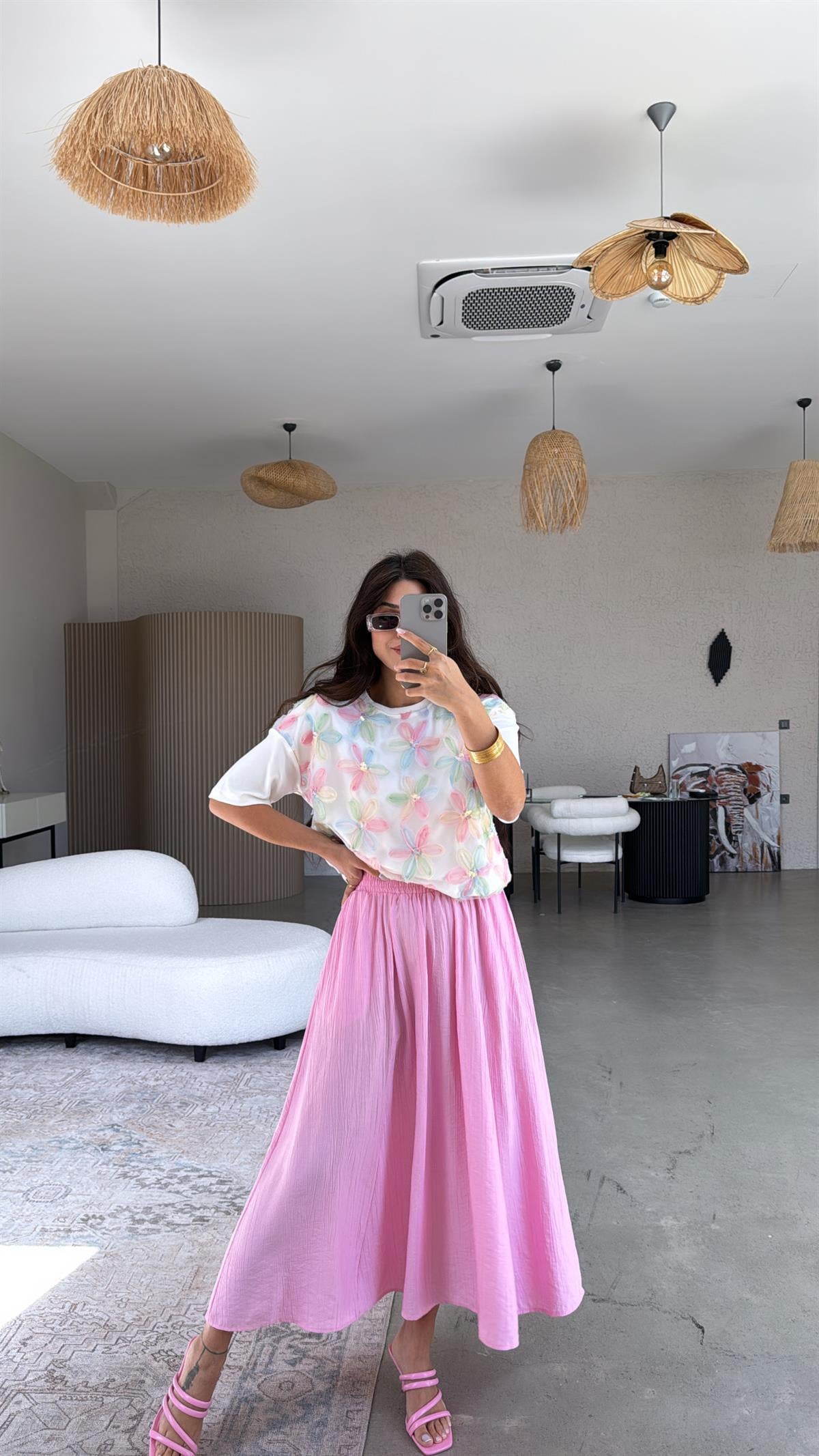 Şeker Pembe Midi Çilek Etek