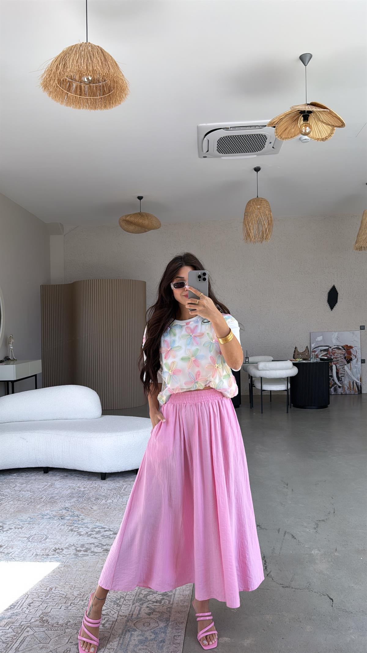 Şeker Pembe Midi Çilek Etek