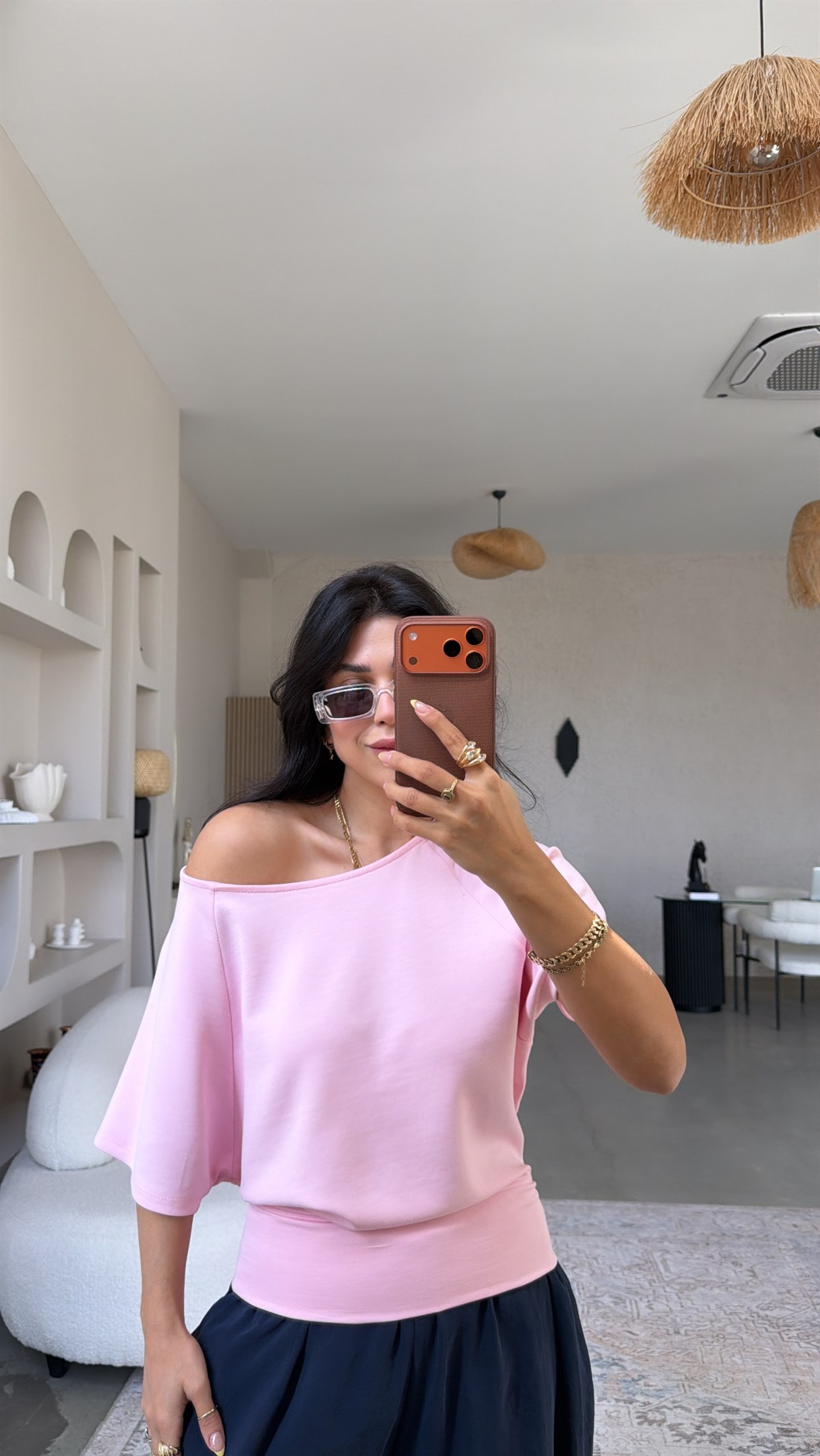 Şeker Pembe Omzu Açık Kısa Kollu Modal Bluz