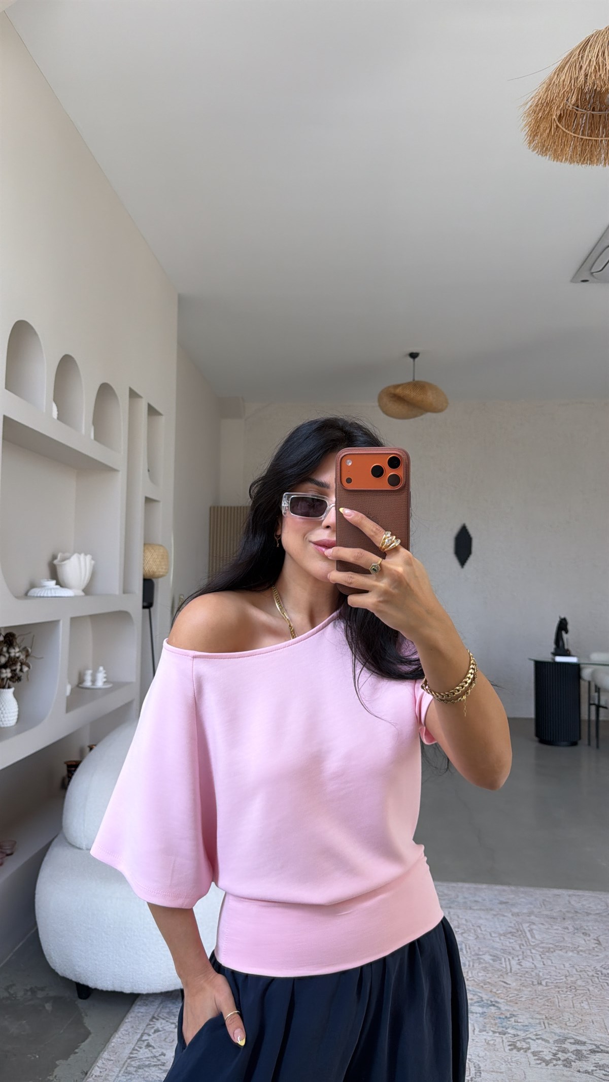 Şeker Pembe Omzu Açık Kısa Kollu Modal Bluz