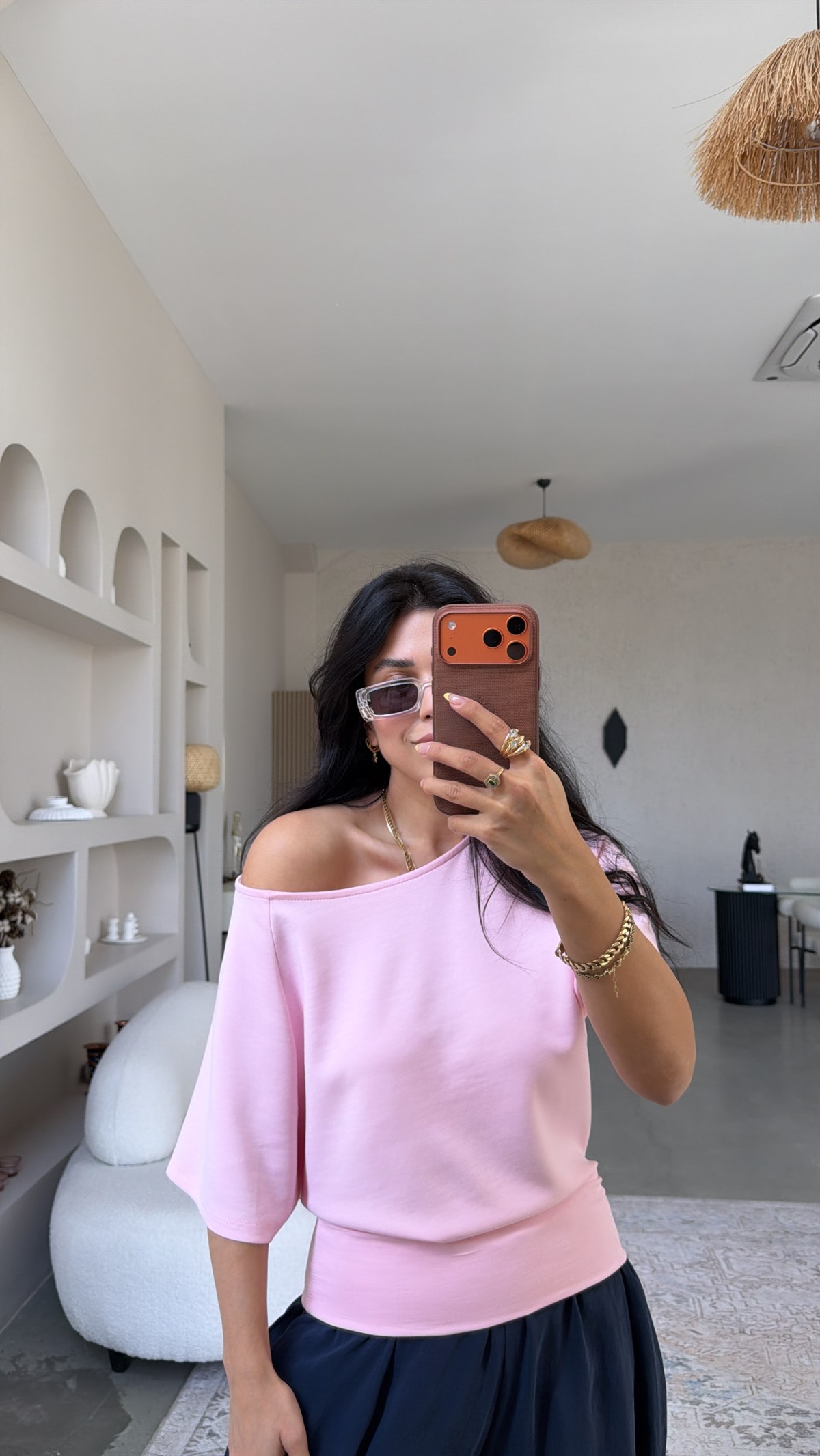 Şeker Pembe Omzu Açık Kısa Kollu Modal Bluz