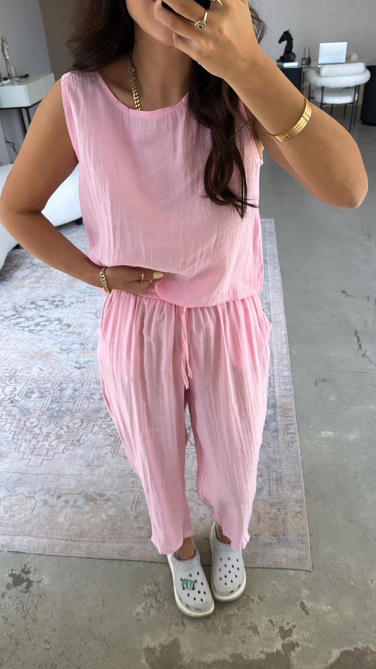 Şeker Pembe Tensel Pantolon Bluz Takım