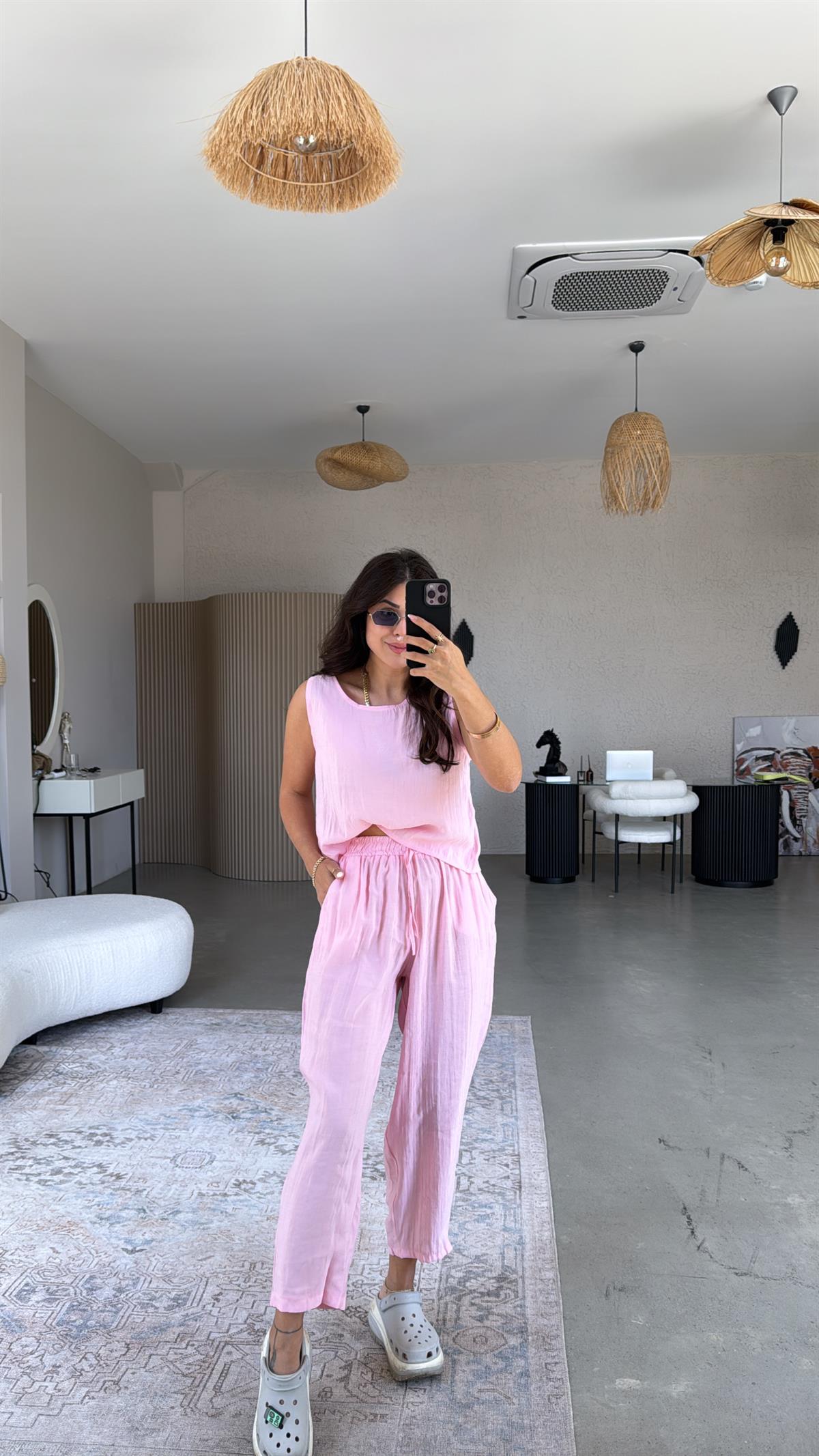 Şeker Pembe Tensel Pantolon Bluz Takım