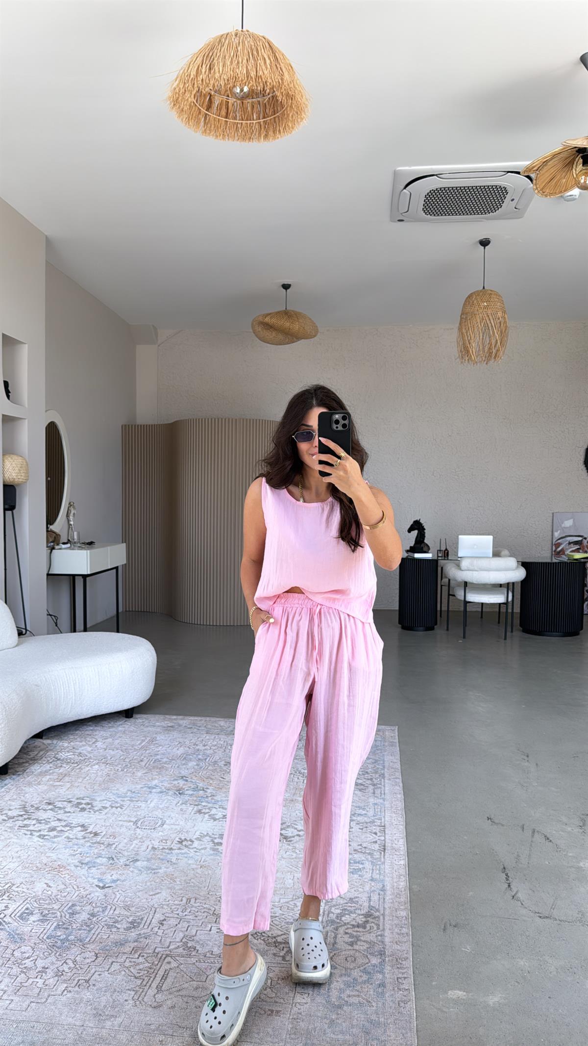 Şeker Pembe Tensel Pantolon Bluz Takım