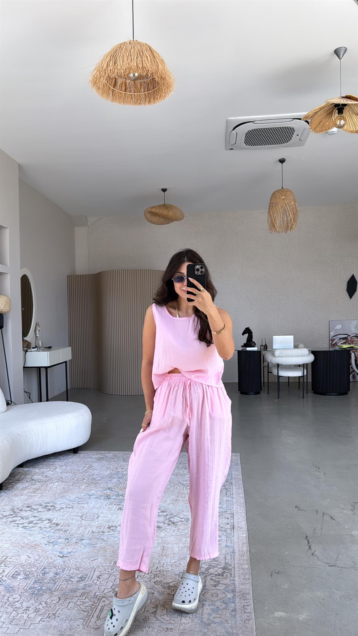 Şeker Pembe Tensel Pantolon Bluz Takım