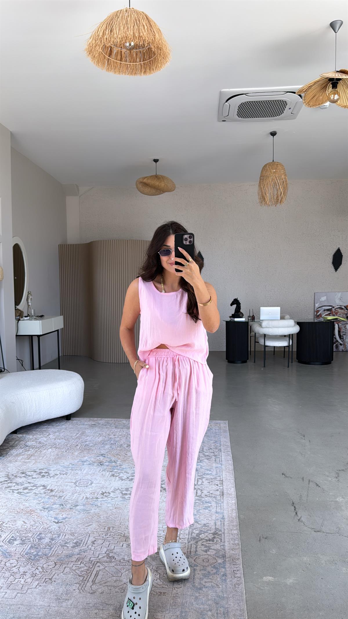 Şeker Pembe Tensel Pantolon Bluz Takım