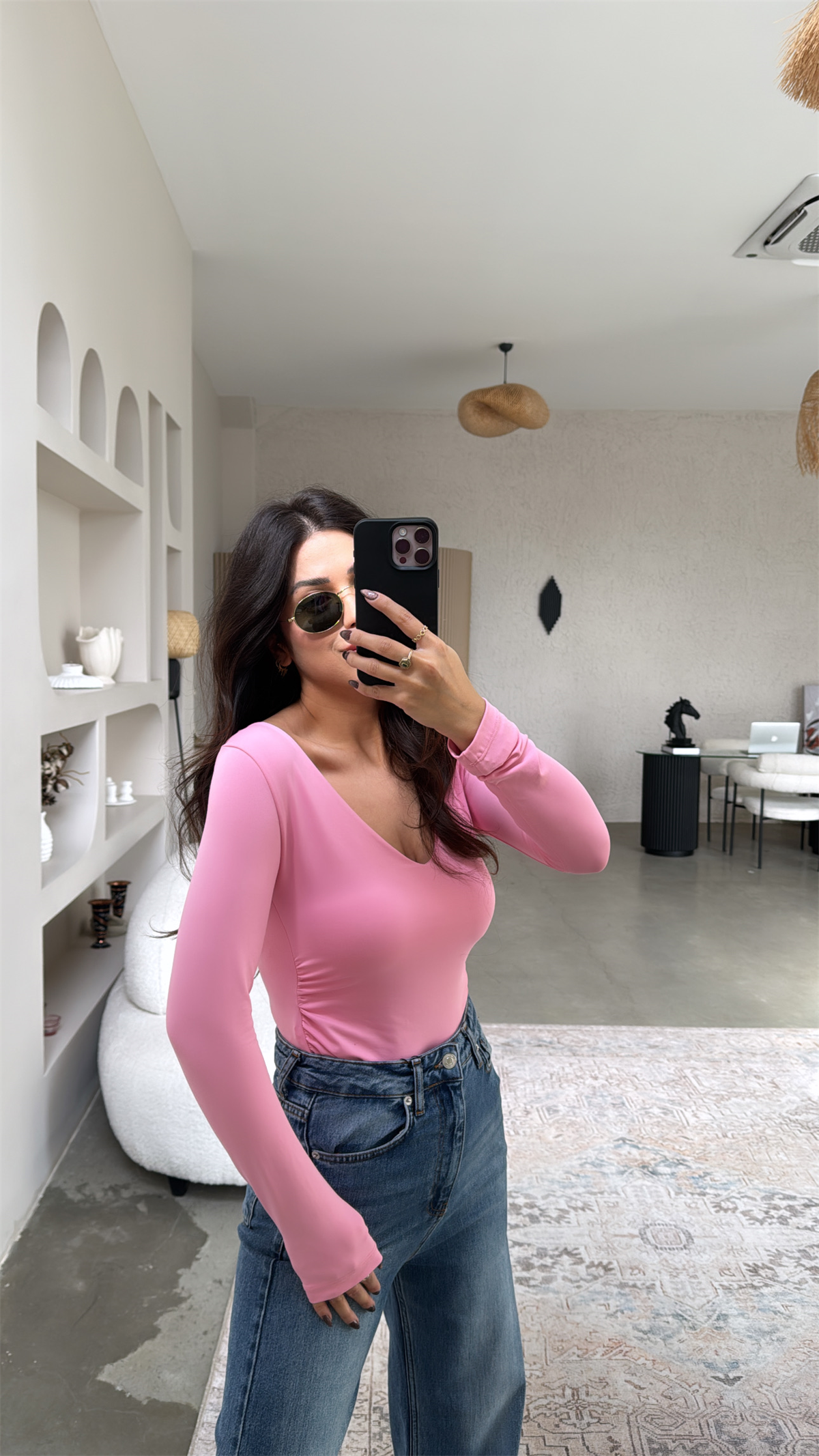 Şeker Pembe V Yaka Polyamid Bodysuit