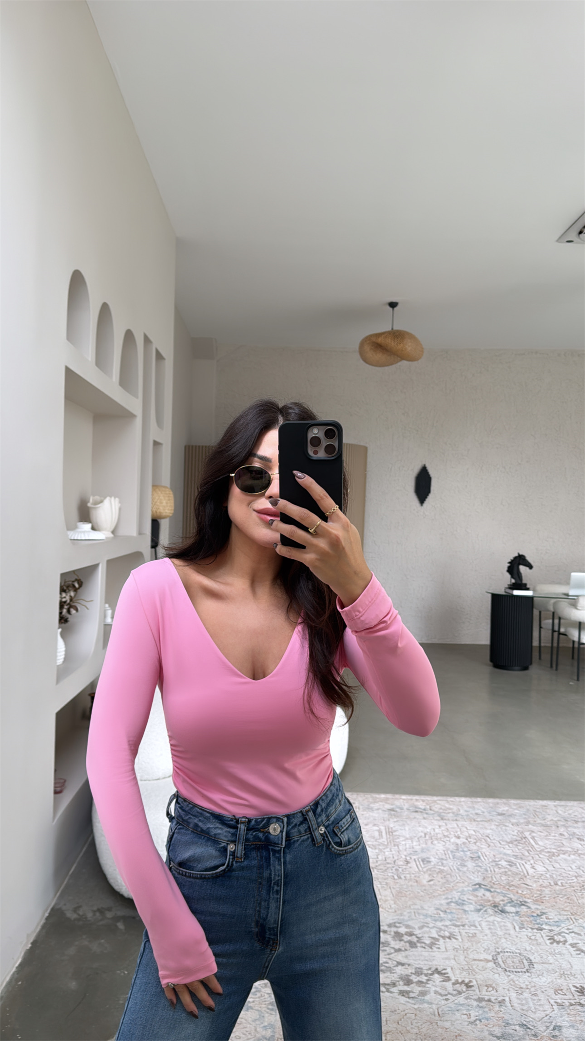 Şeker Pembe V Yaka Polyamid Bodysuit
