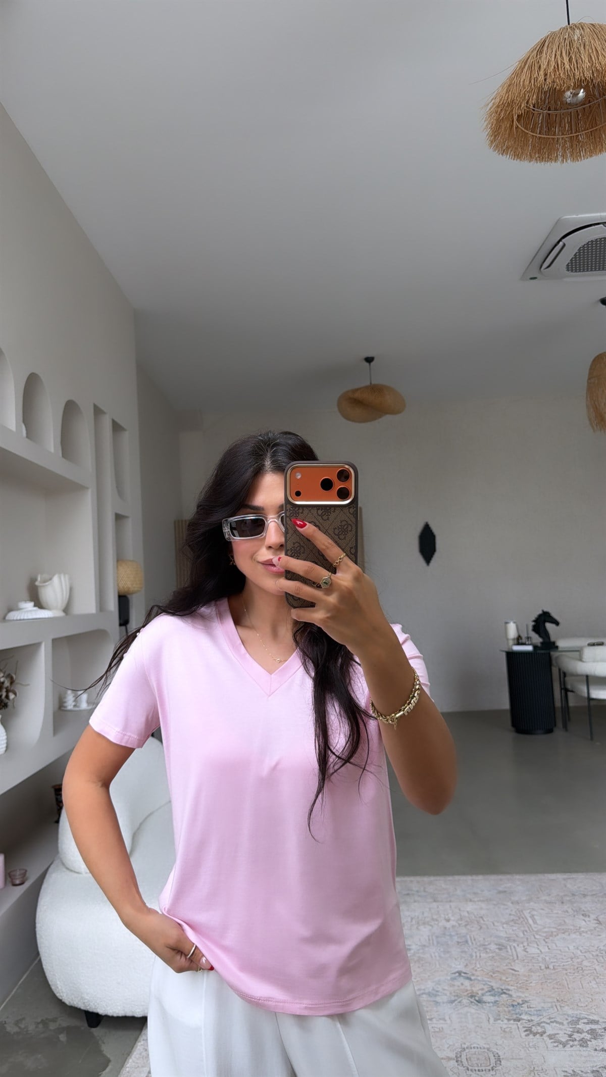 Şeker Pembe V Yaka Viskon Basic Tshirt