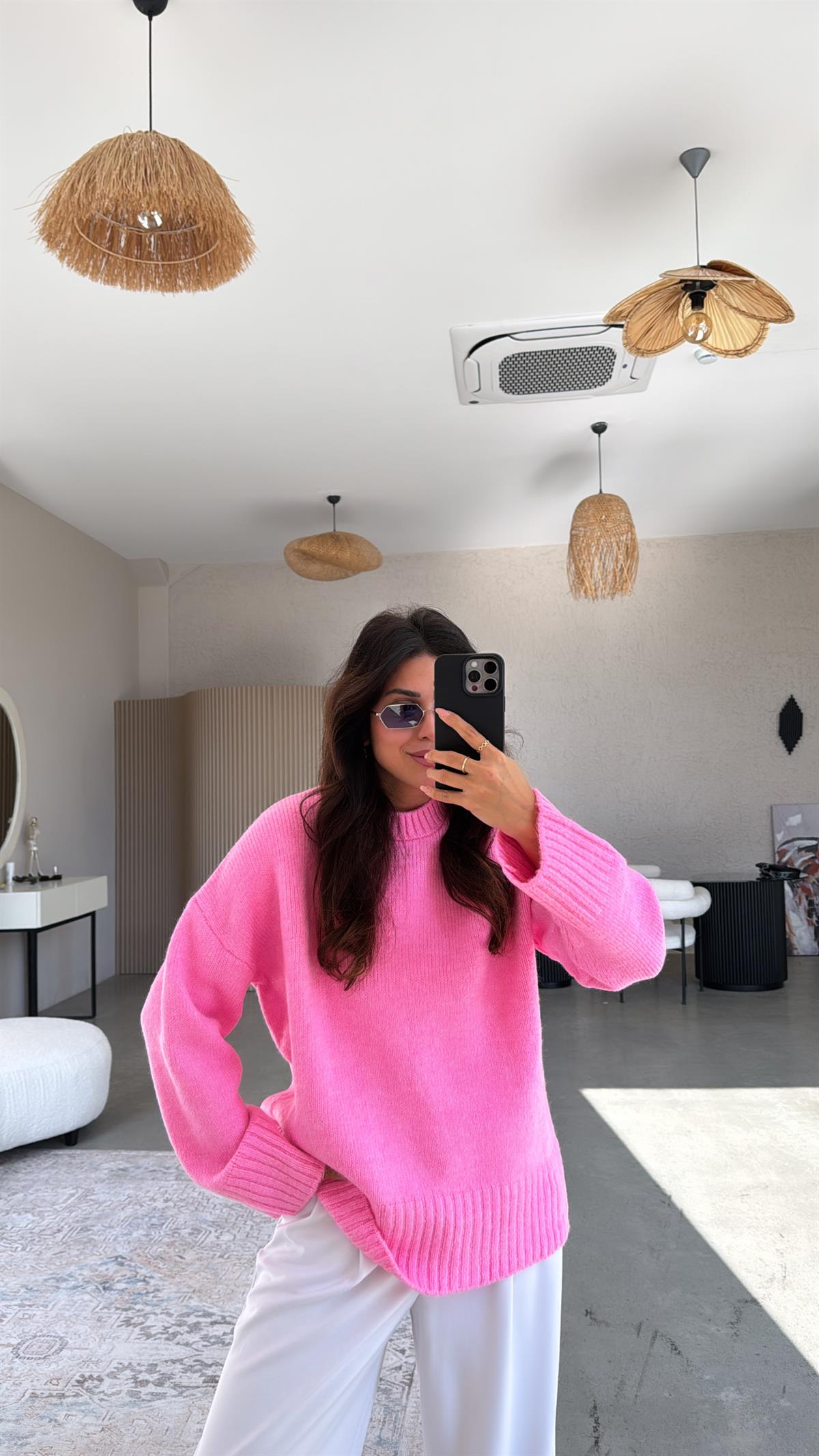 Şeker Pembe Yumoş Bisiklet Yaka Basic Kazak