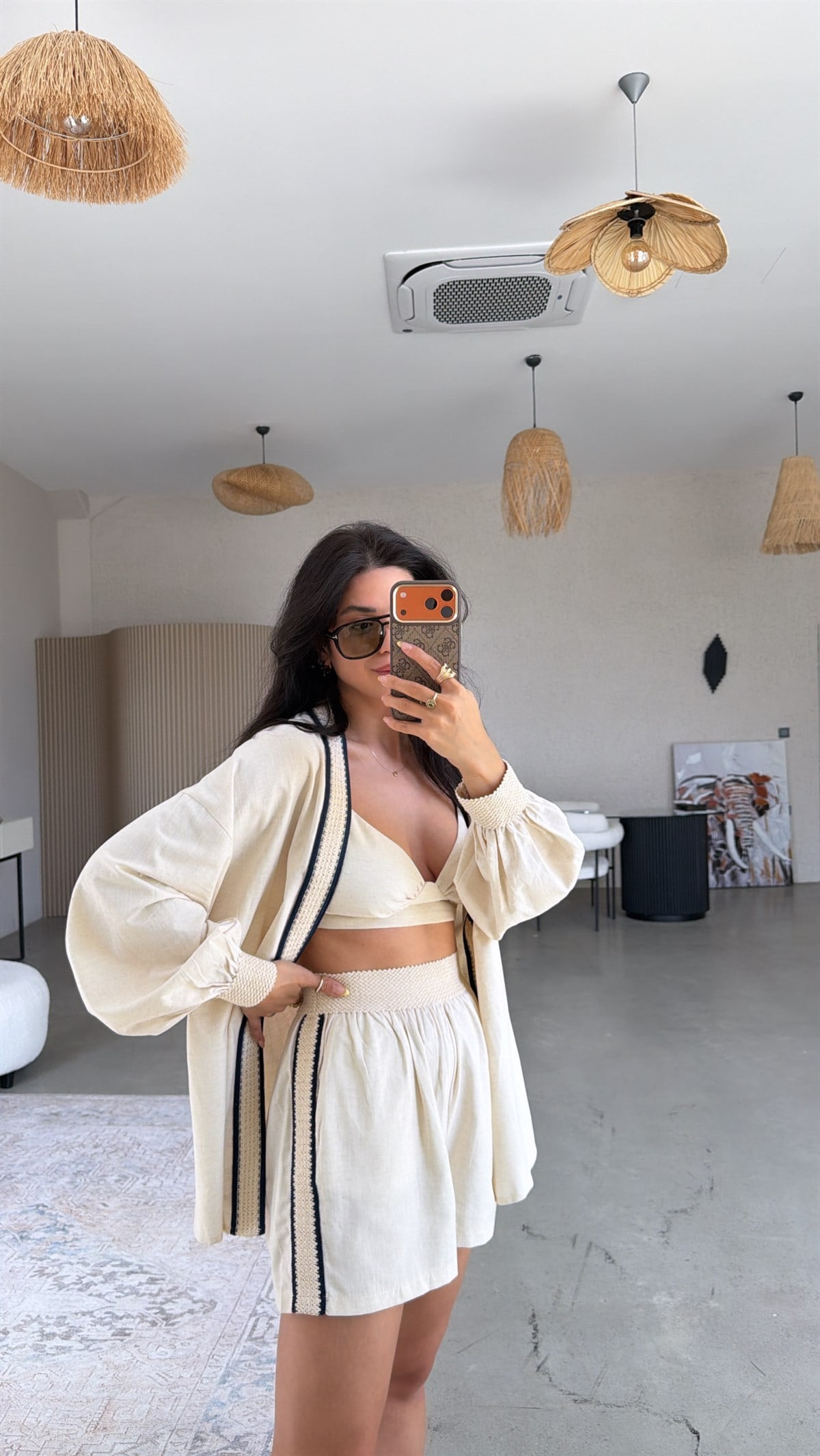 Şerit Detaylı Üçlü Premium Şort Büstiyer Kimono Takım