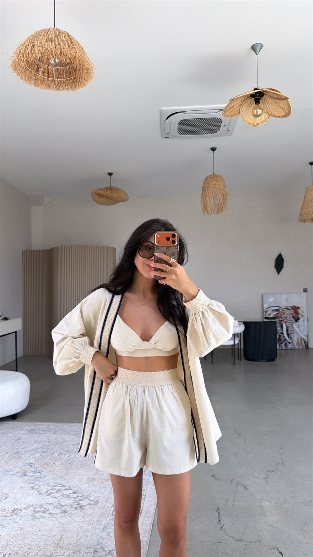 Şerit Detaylı Üçlü Premium Şort Büstiyer Kimono Takım