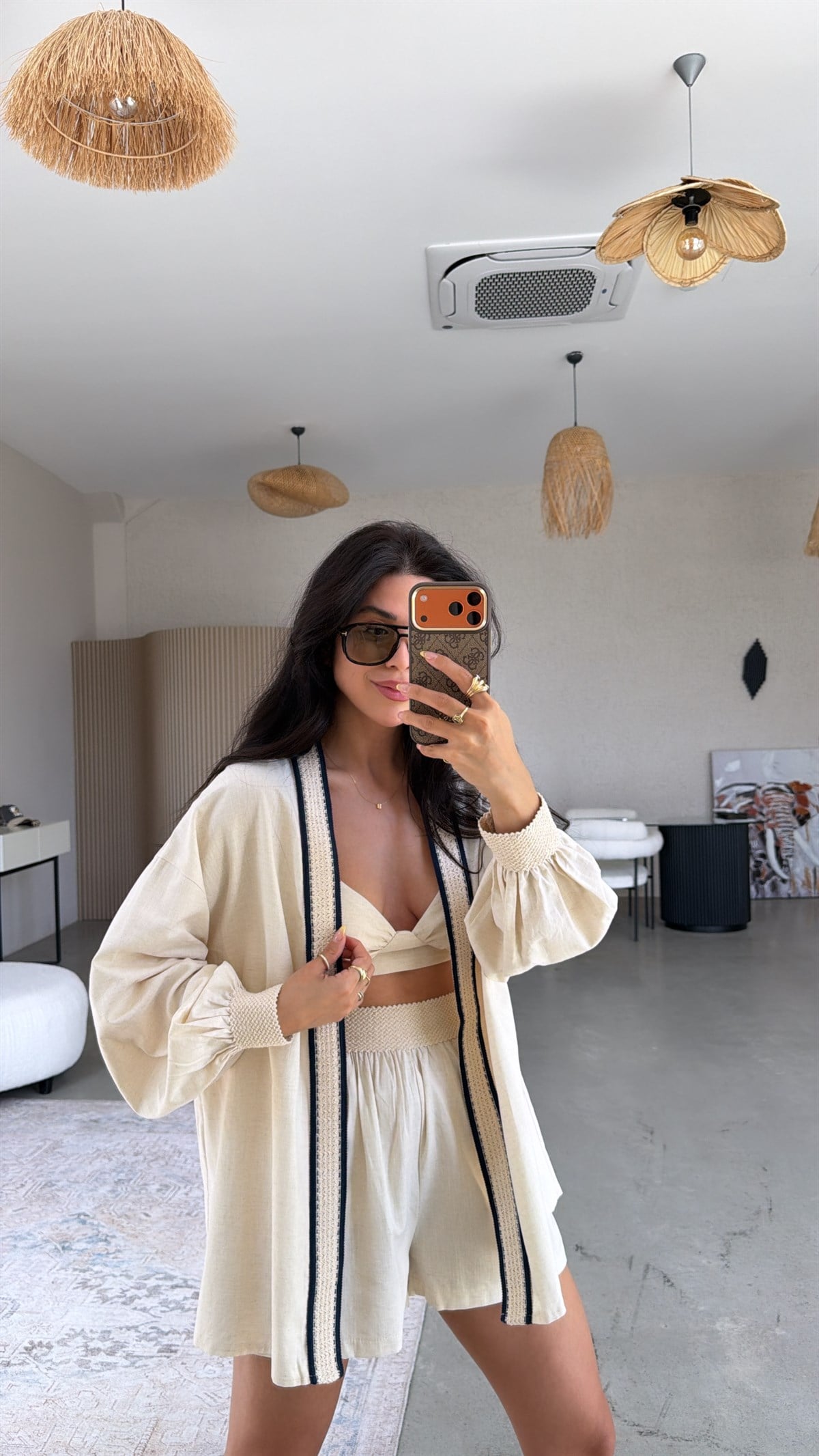 Şerit Detaylı Üçlü Premium Şort Büstiyer Kimono Takım