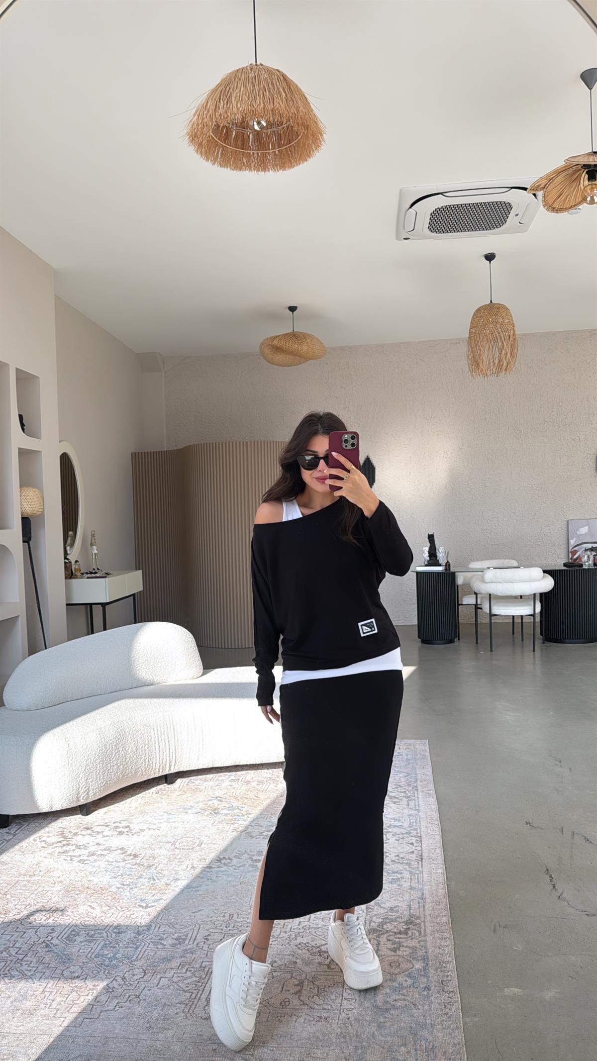 Simli Şeritli Etekli Modal Üçlü Takım