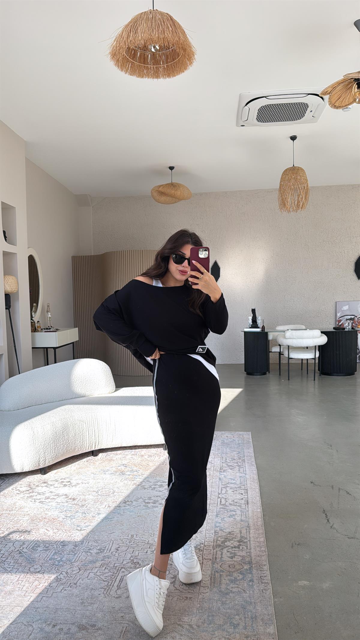 Simli Şeritli Etekli Modal Üçlü Takım