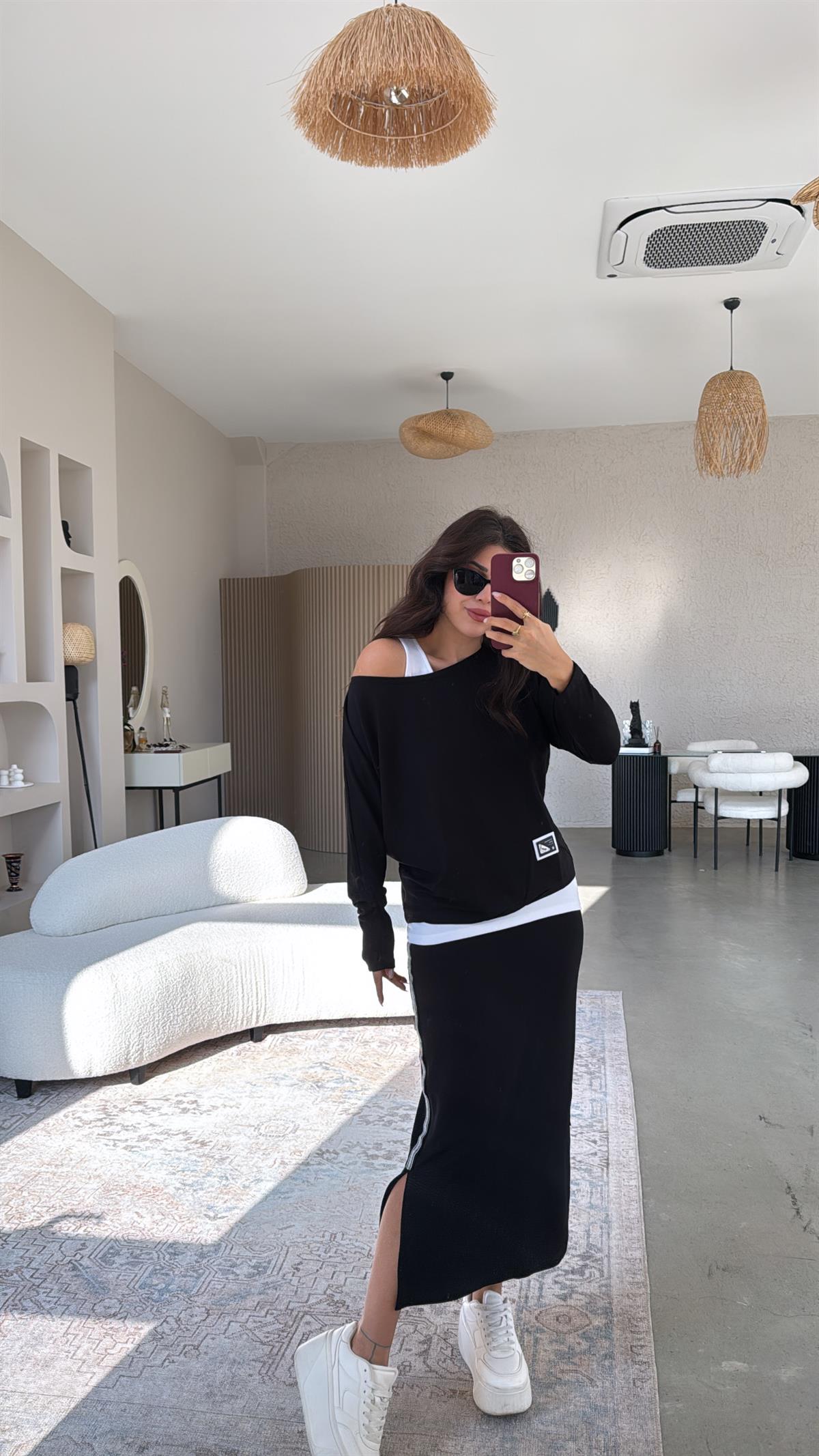 Simli Şeritli Etekli Modal Üçlü Takım