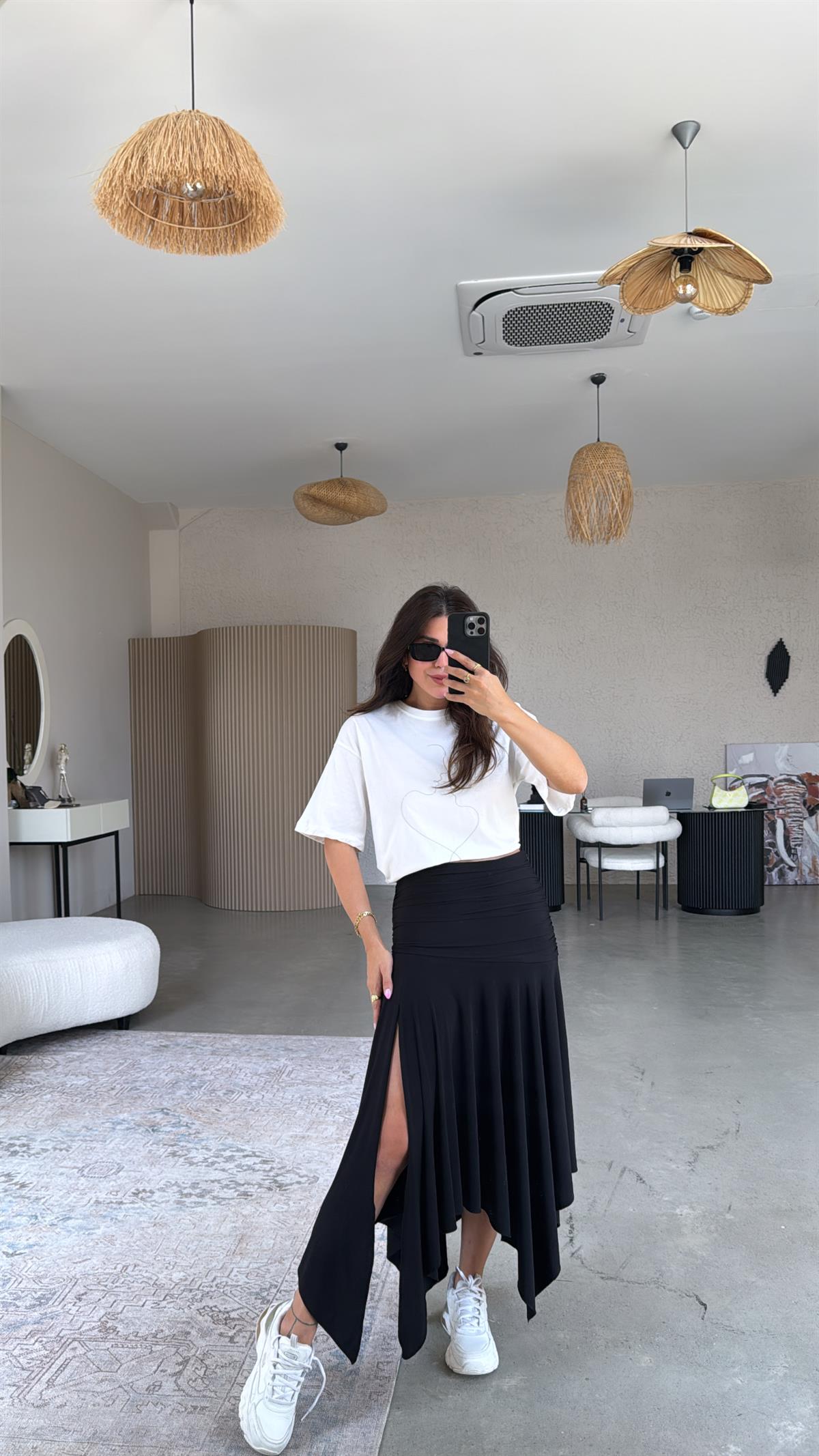Siyah Asimetrik Beli Korse Etkili Etek