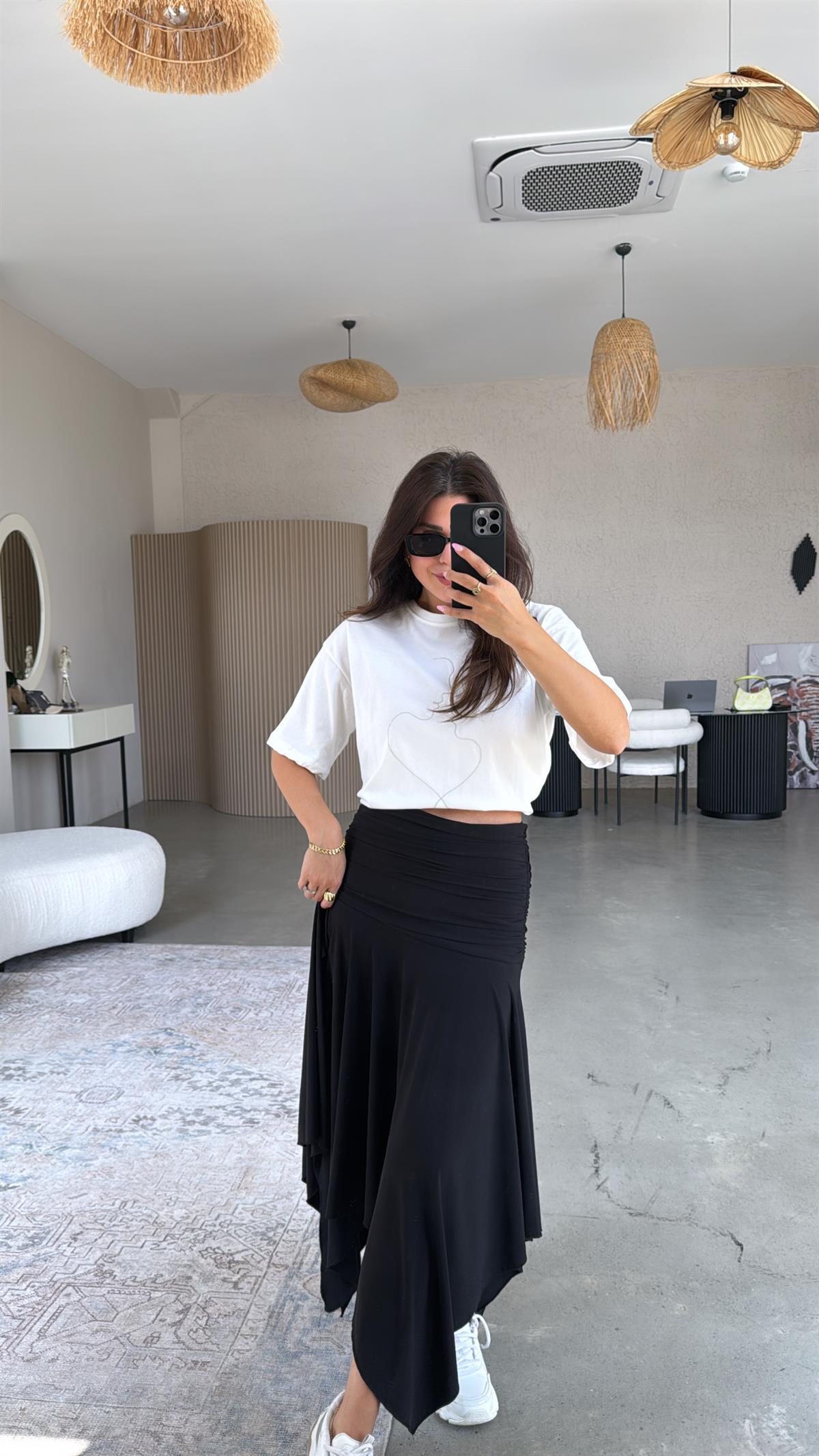 Siyah Asimetrik Beli Korse Etkili Etek