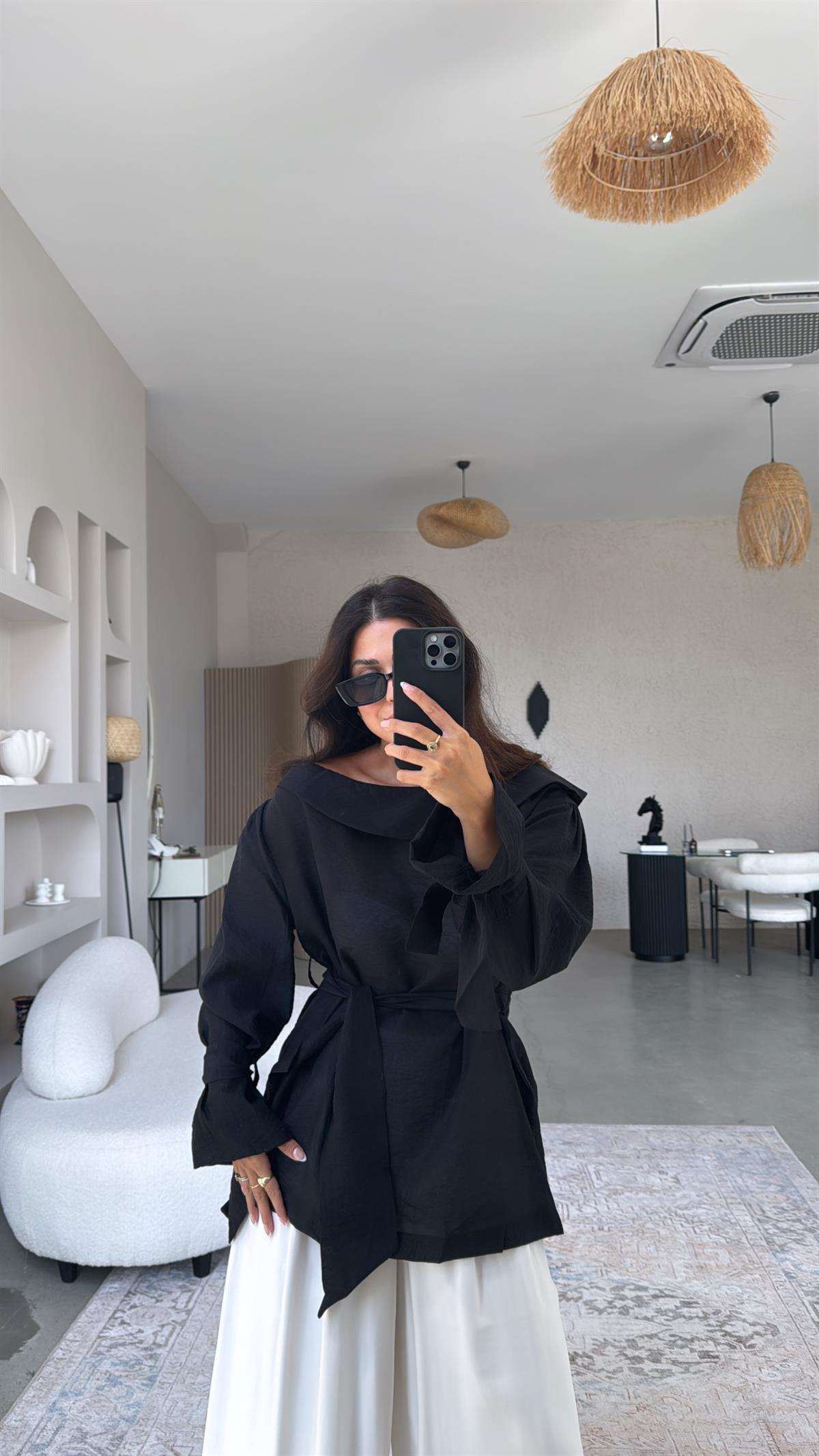 Siyah Bağlama Detay Premium Bluz