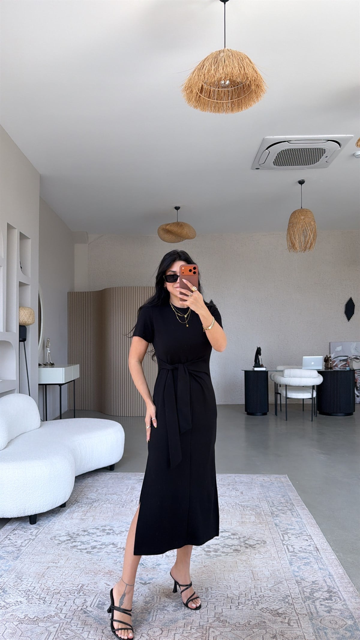 Siyah Bağlamalı Kısa Kol Modal Elbise