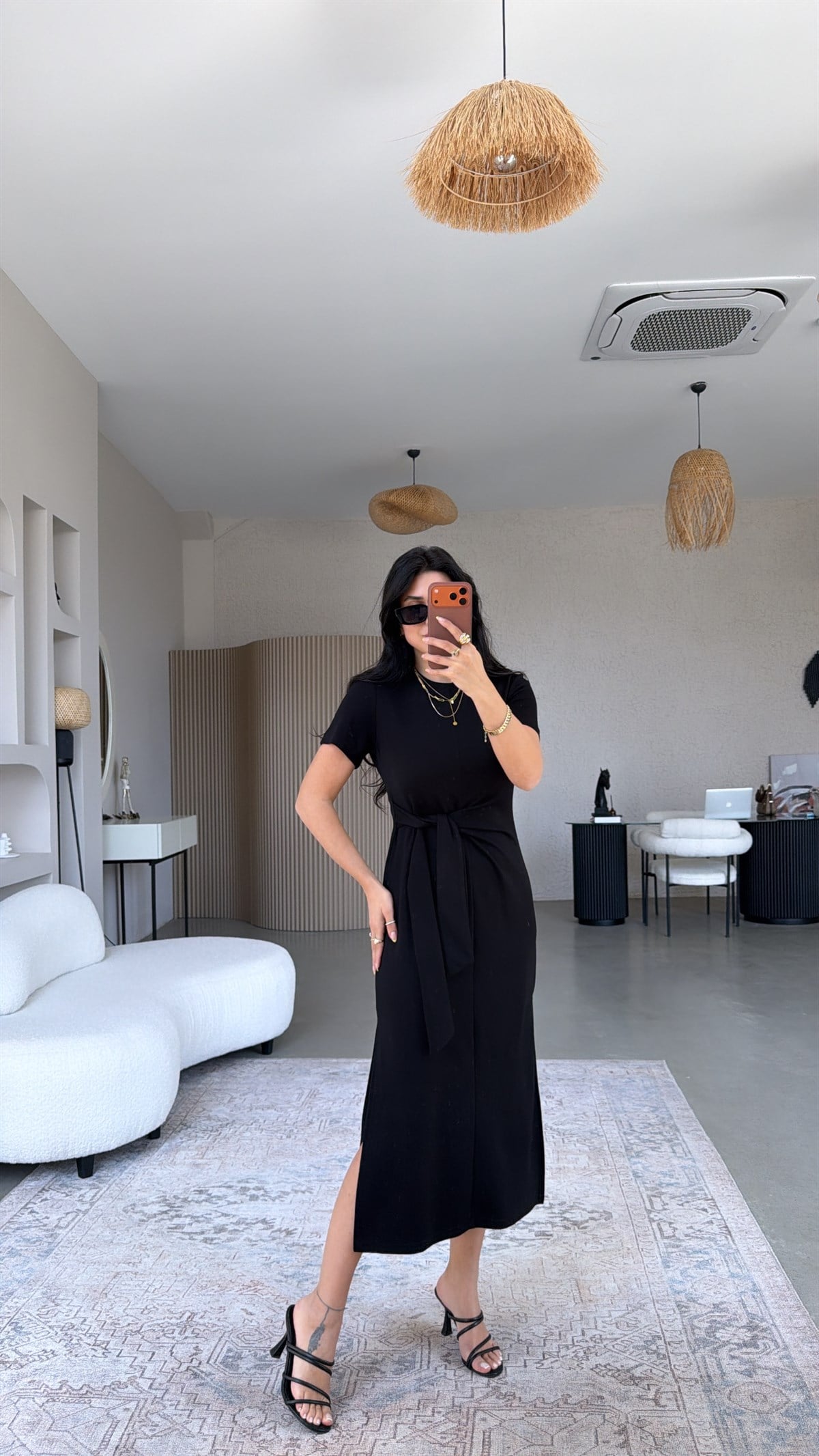Siyah Bağlamalı Kısa Kol Modal Elbise