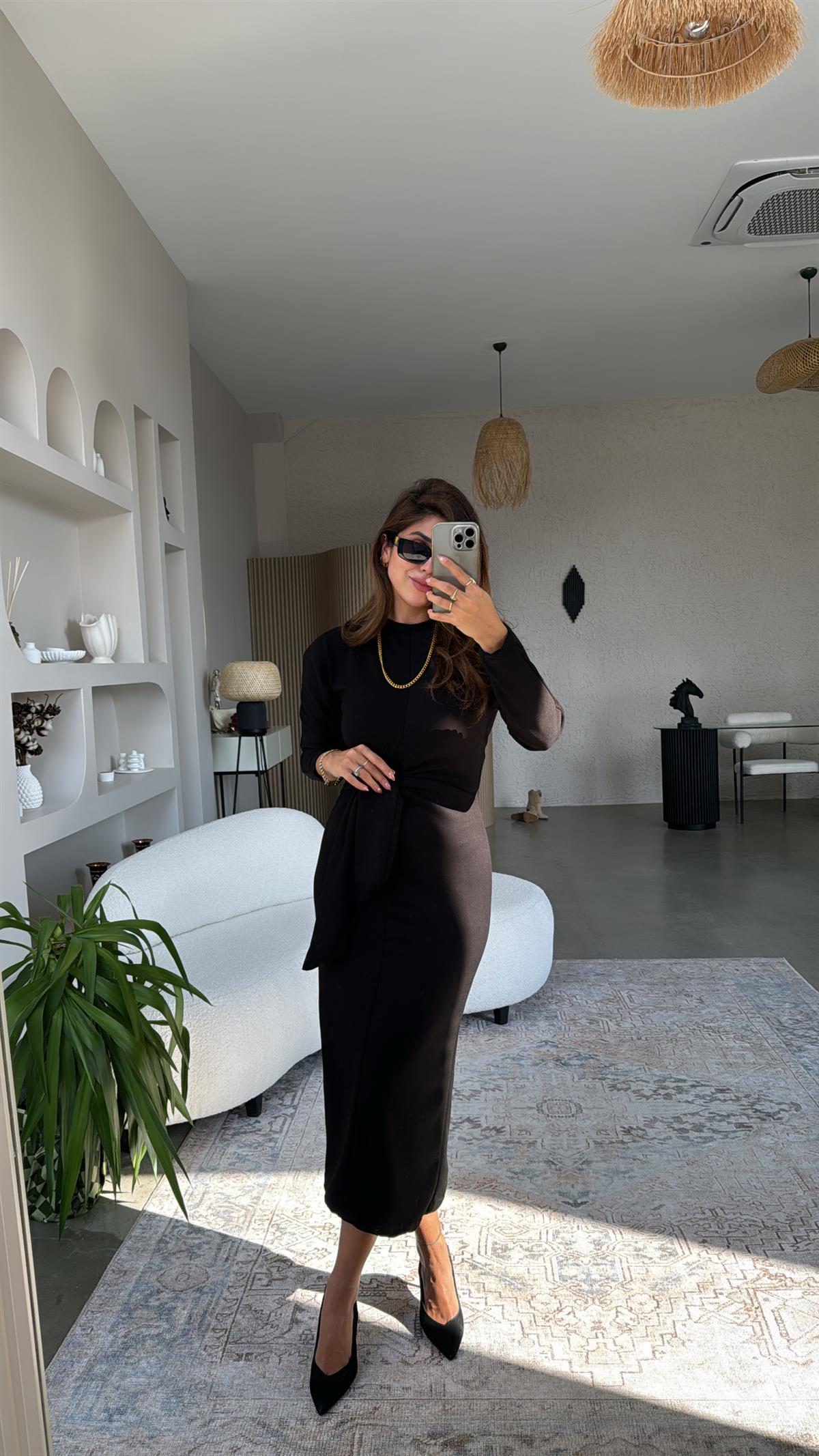 Siyah Bağlamalı Modal Kumaş Elbise