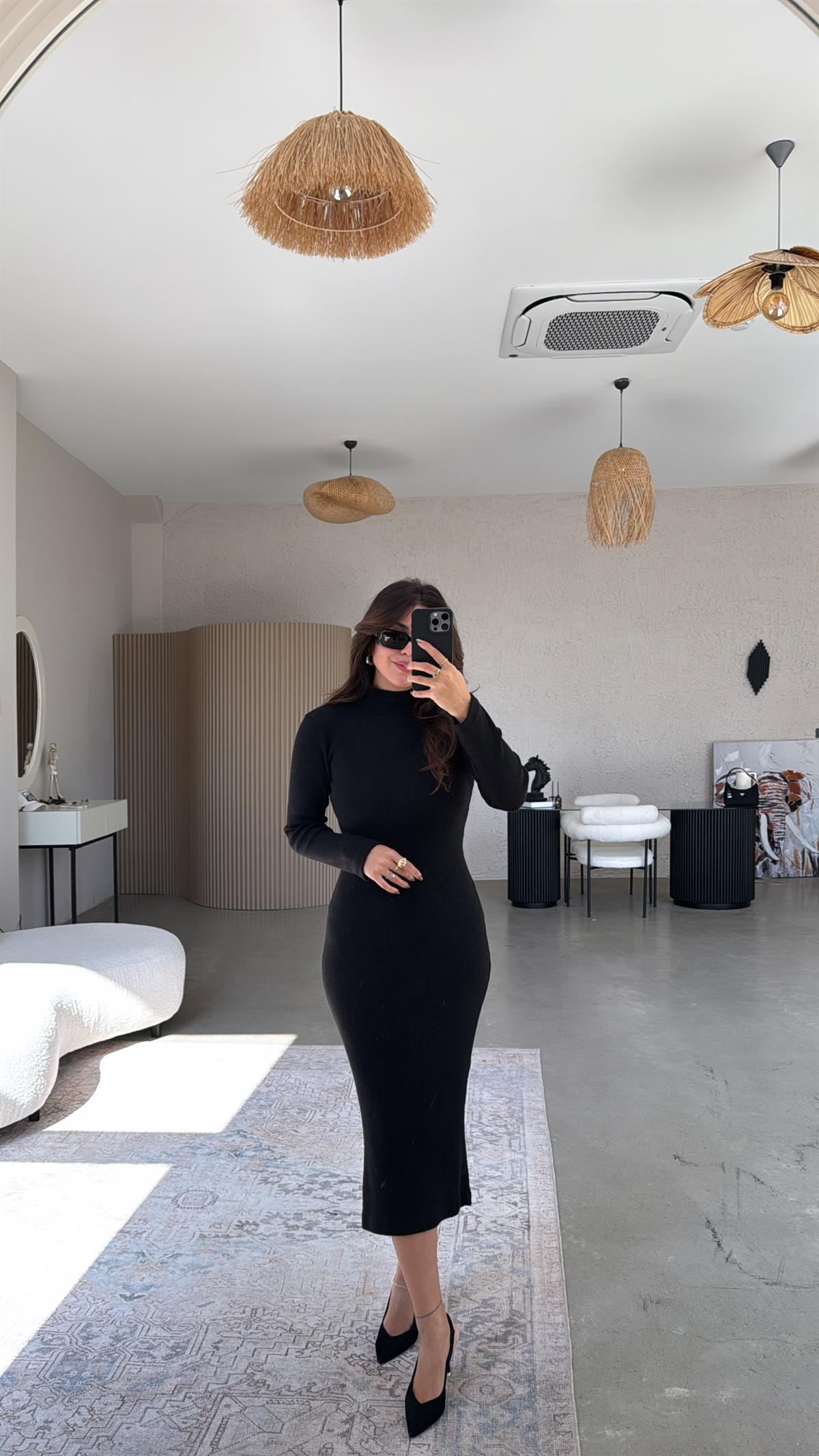 Siyah Balıkçı Yün Triko Elbise