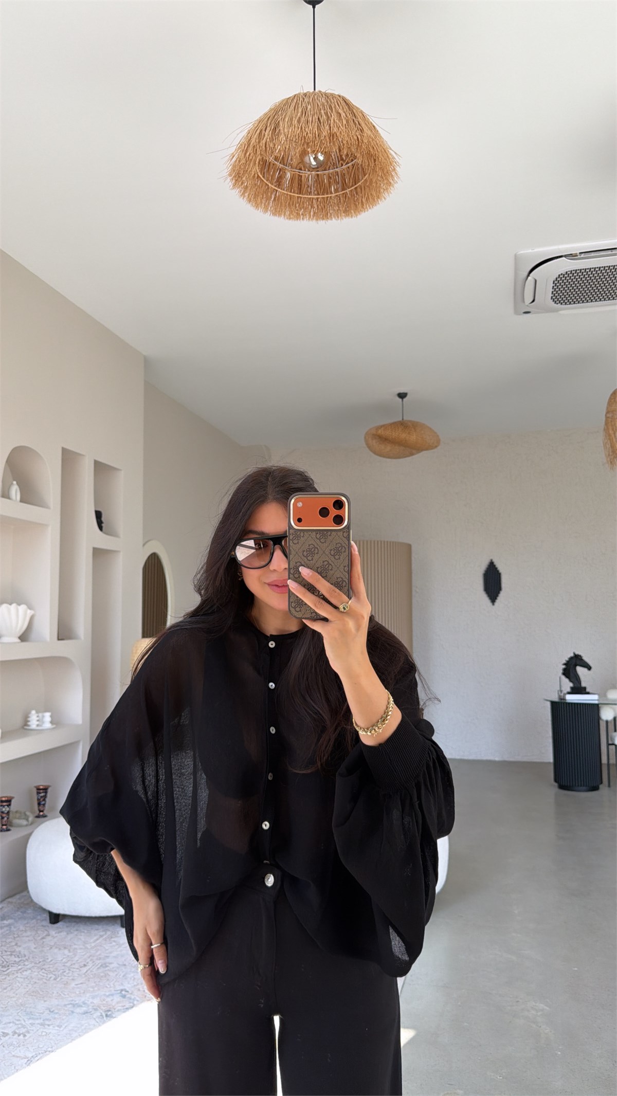 Siyah Balon Kollu Transparan Salaş Merserize Triko Bluz