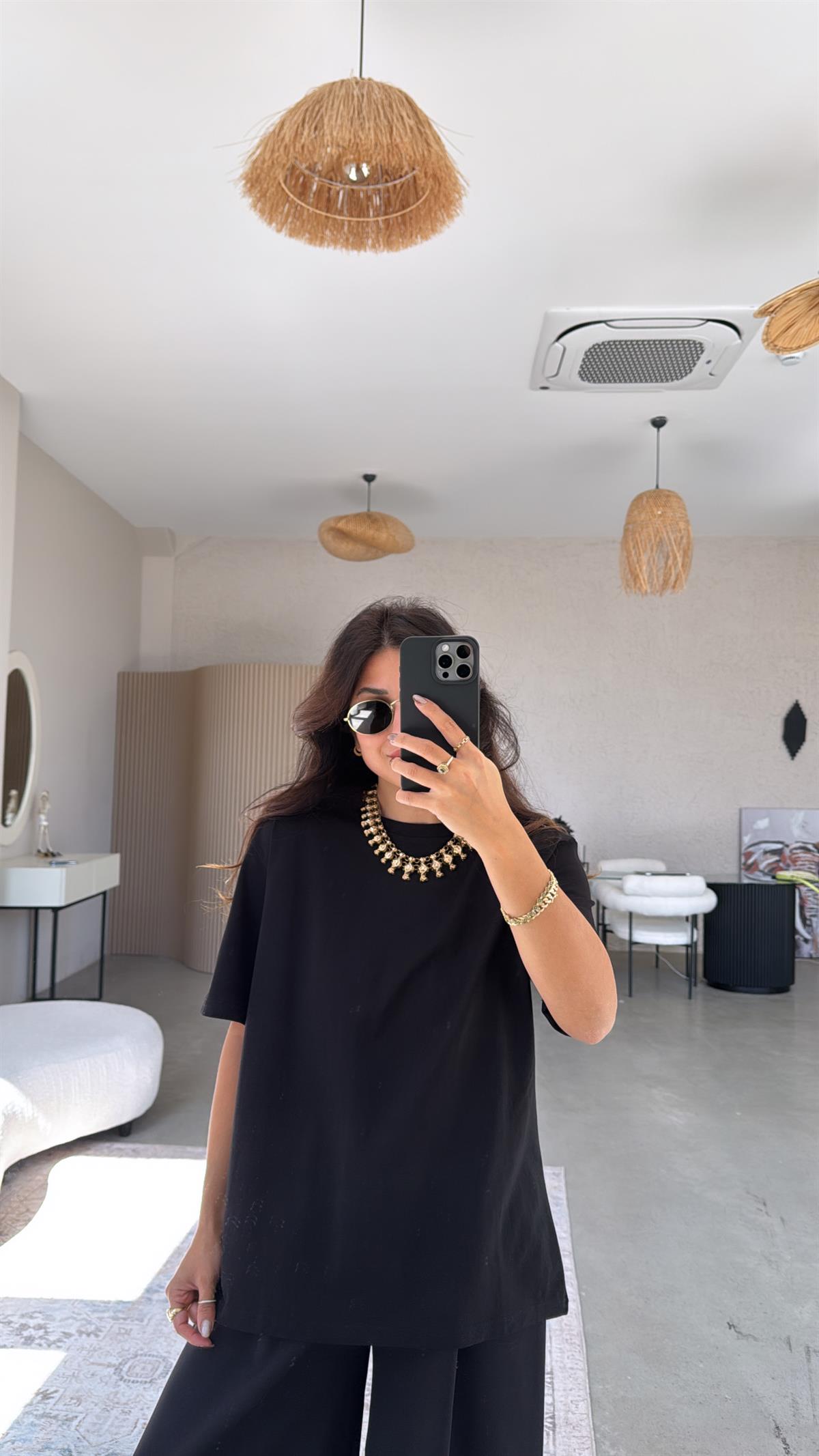 Siyah Basic Bisiklet Yaka Tshirt