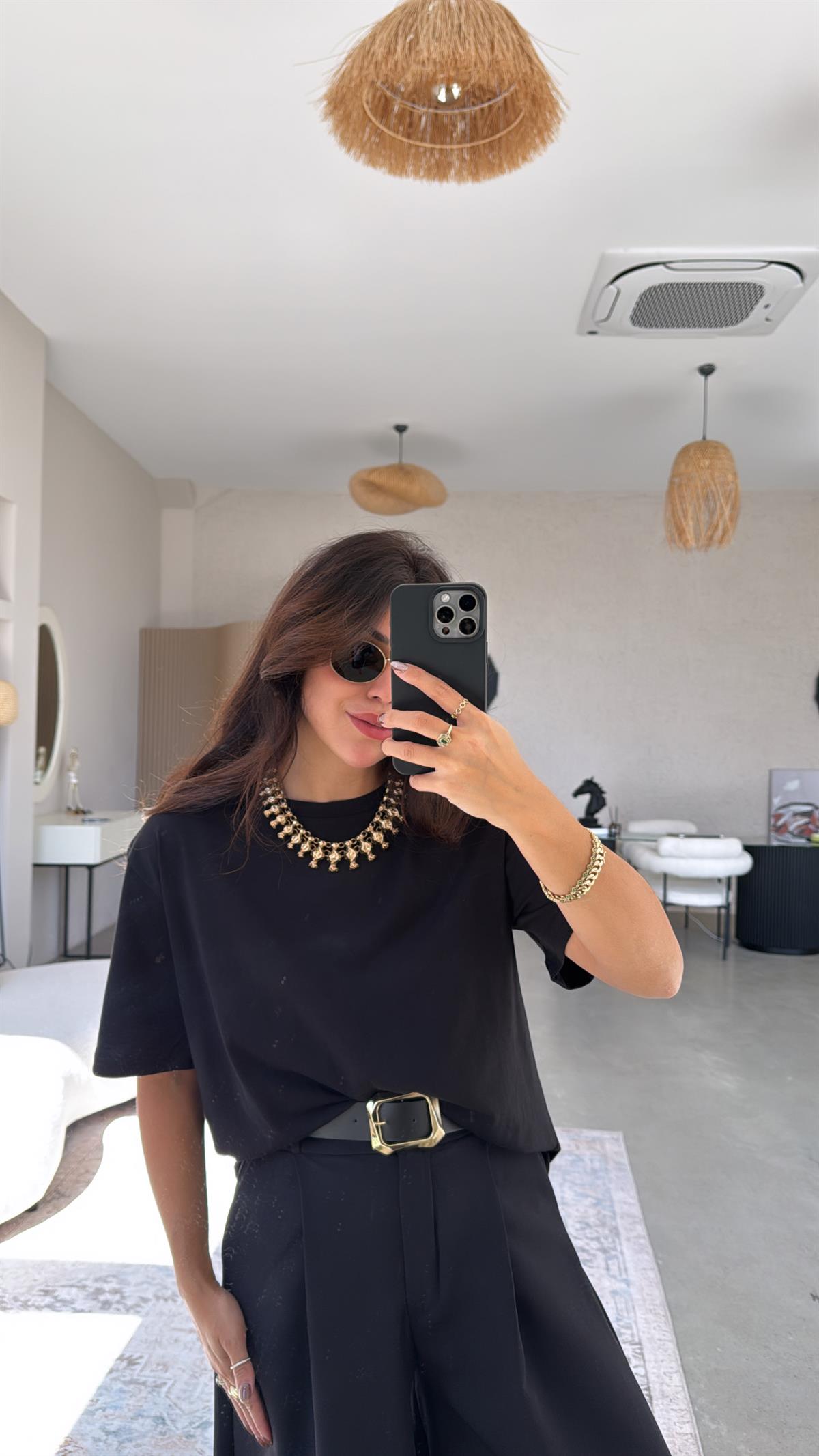 Siyah Basic Bisiklet Yaka Tshirt