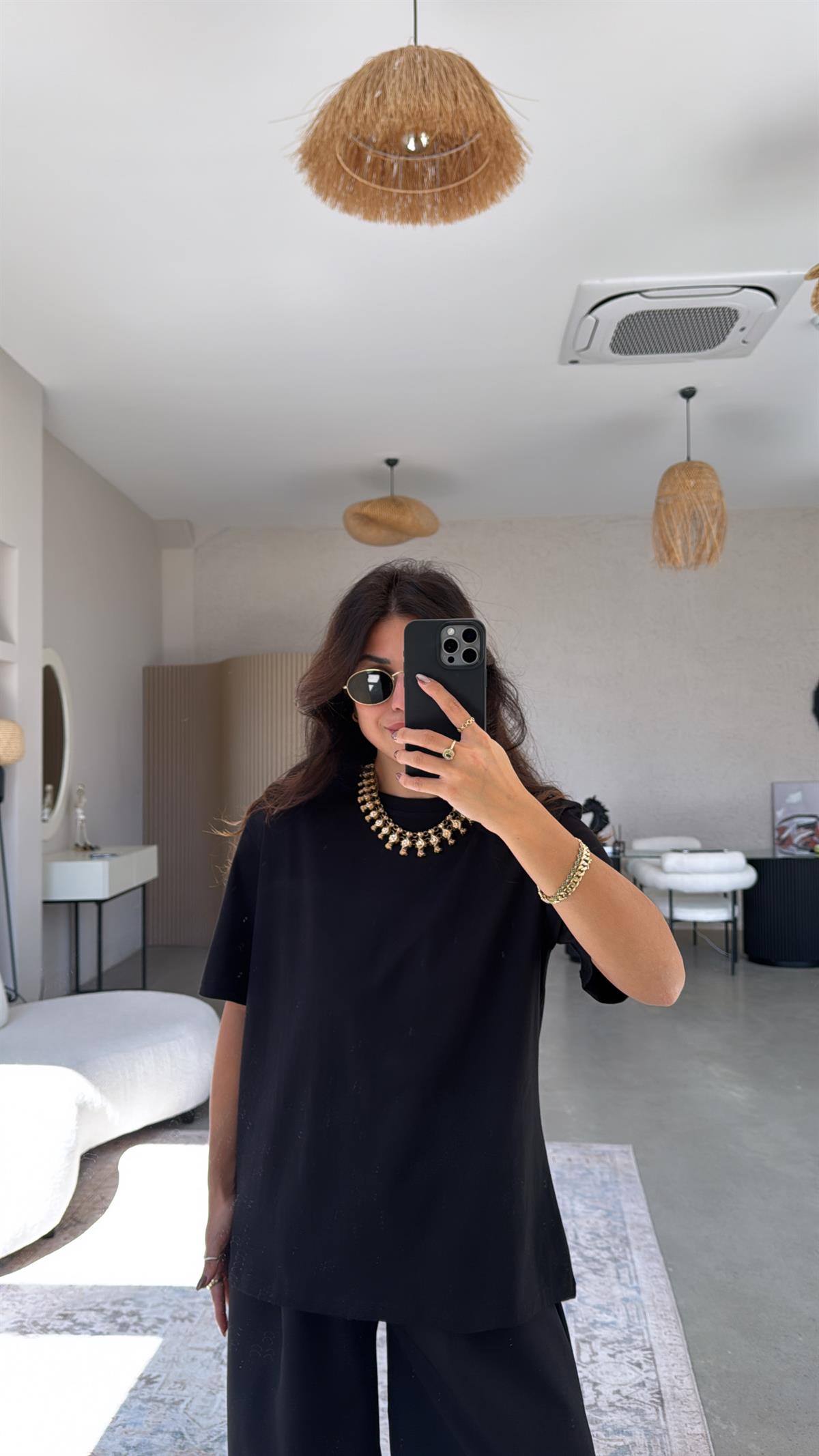 Siyah Basic Bisiklet Yaka Tshirt