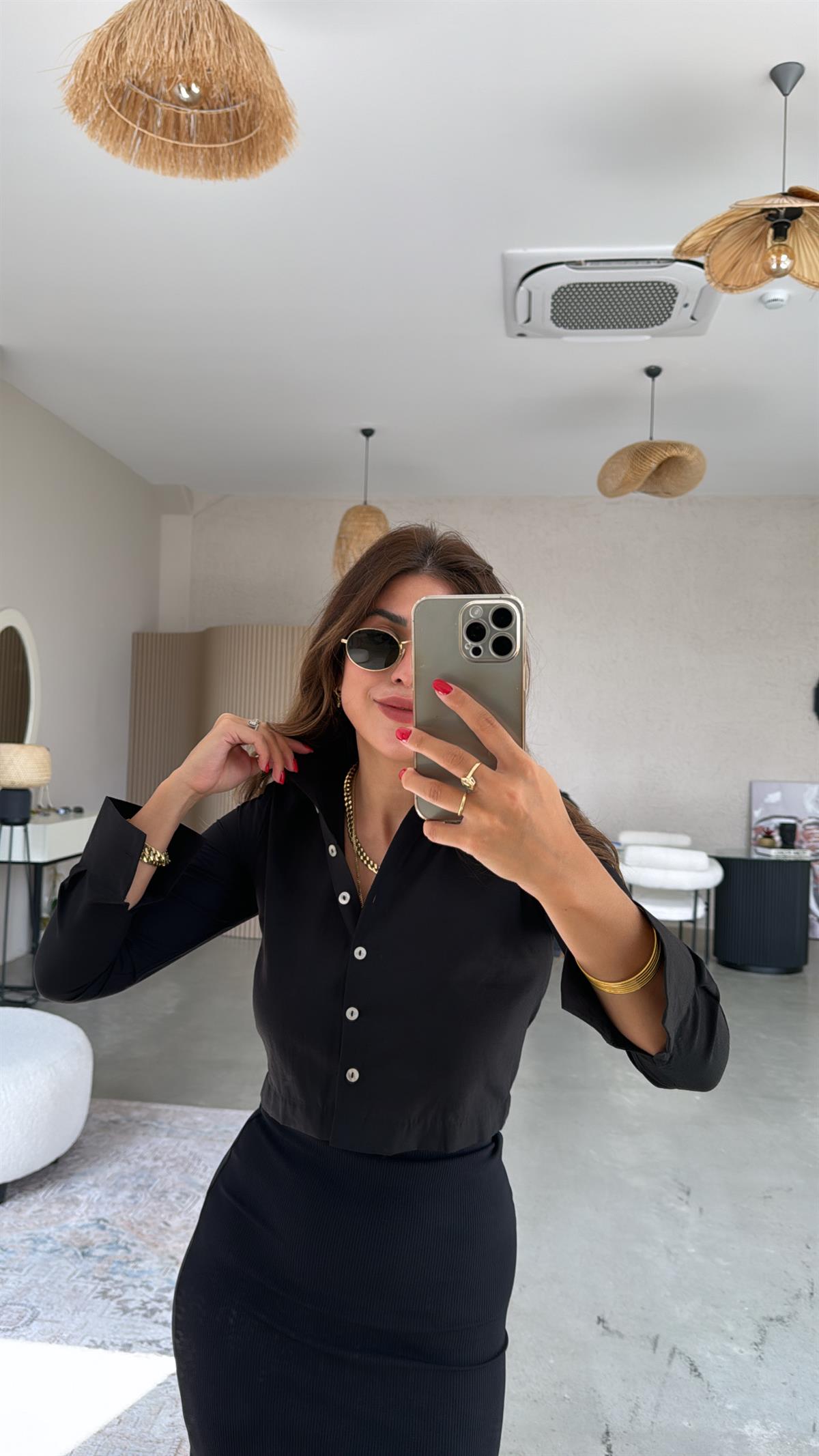 Siyah Basic Crop Gömlek