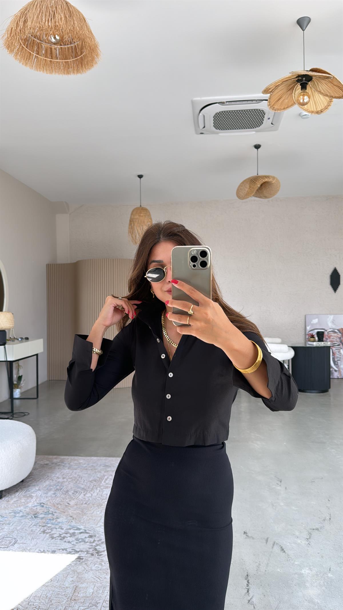 Siyah Basic Crop Gömlek