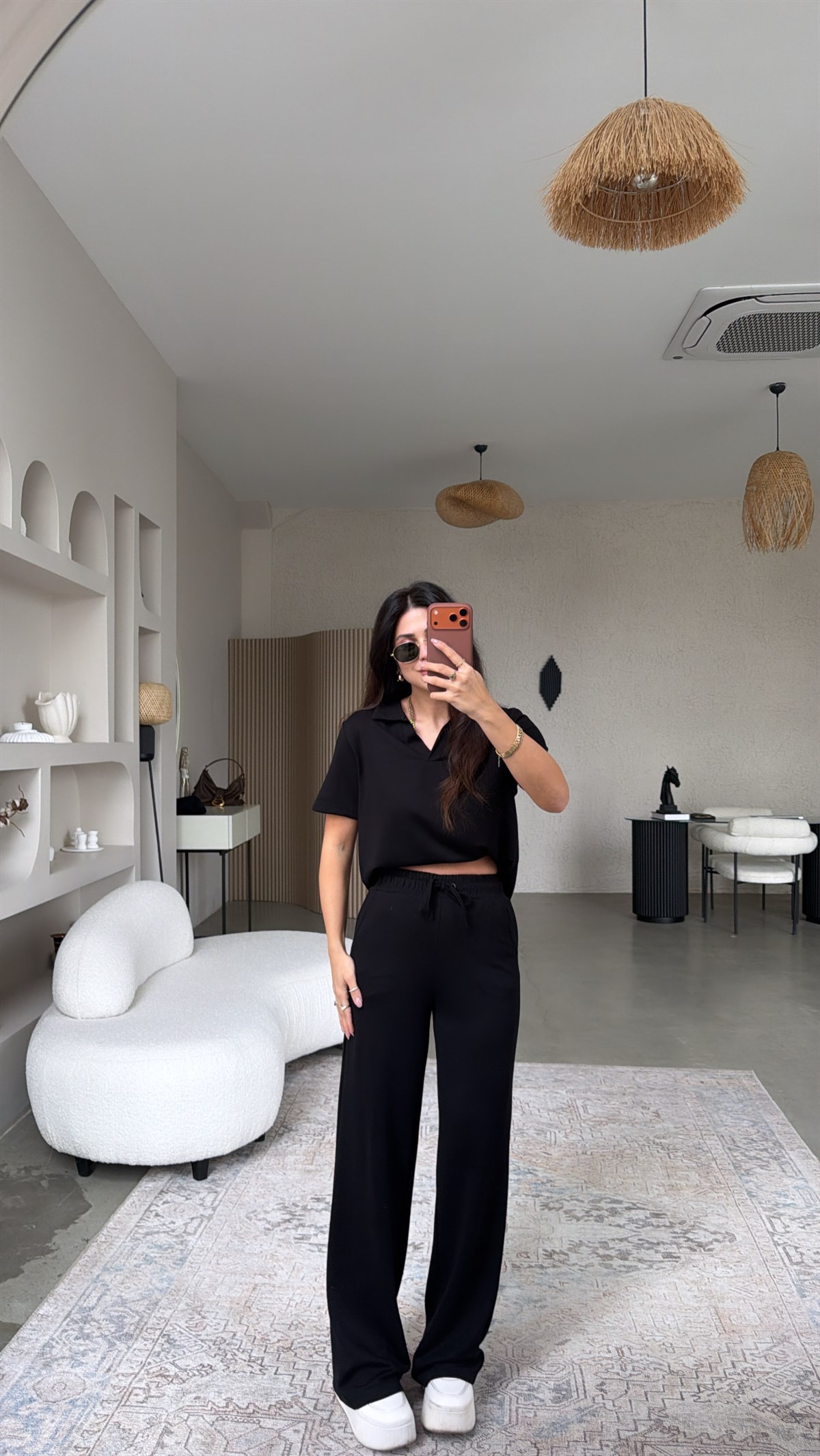 Siyah Basic Modal Kumaş Yakalı Bol Paça Takım