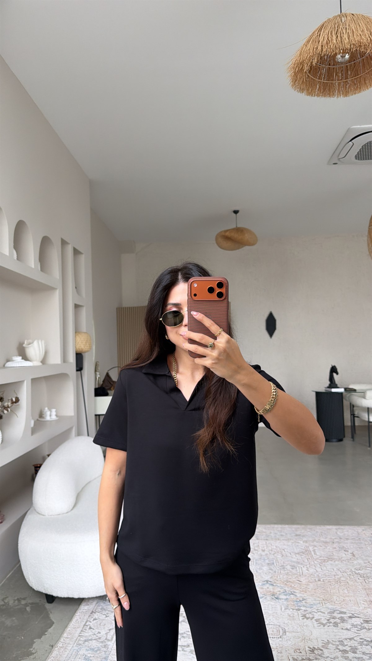 Siyah Basic Modal Kumaş Yakalı Bol Paça Takım